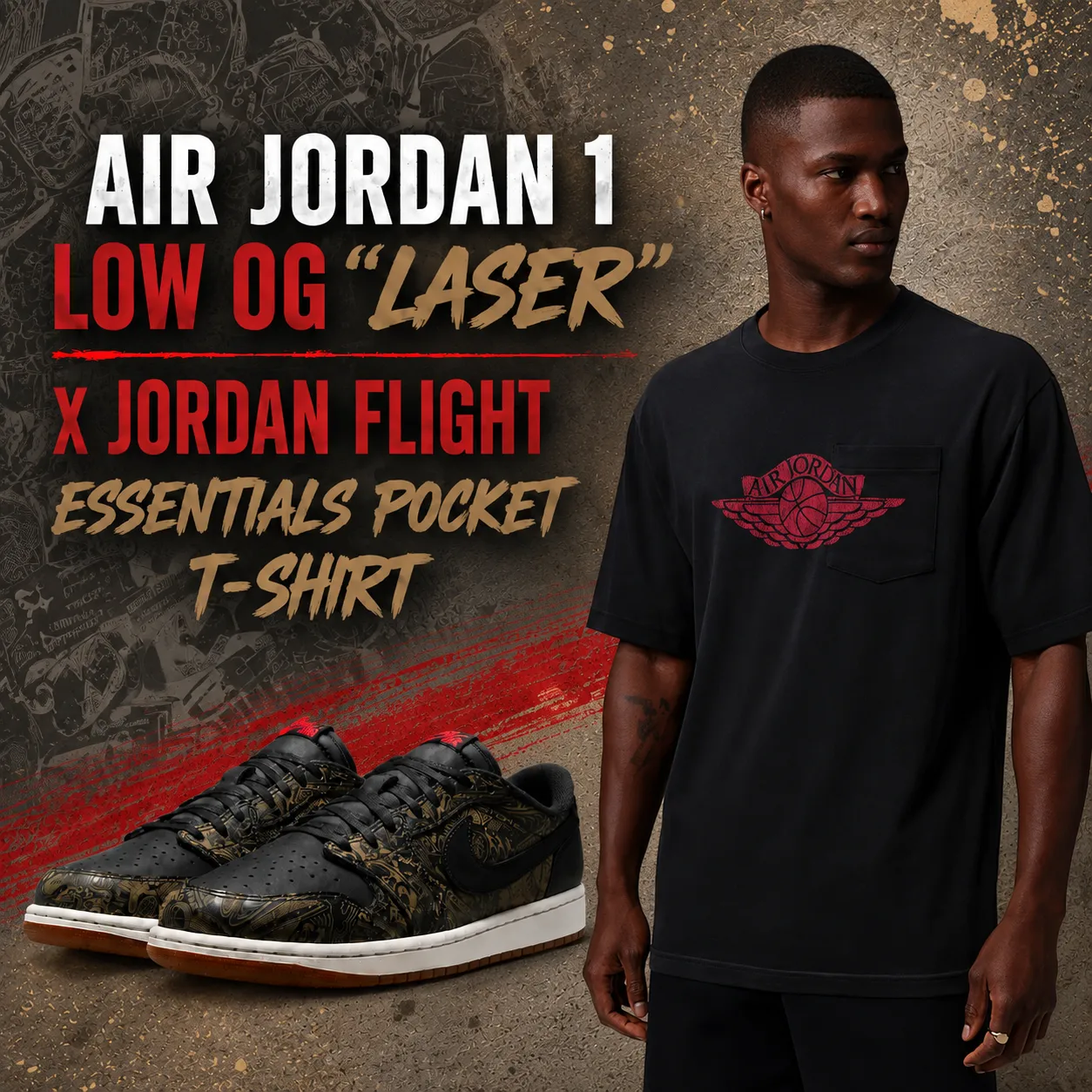 Air Jordan 1 Low OG “Laser” sneakers with the black Jordan Flight Essentials Pocket T-Shirt.