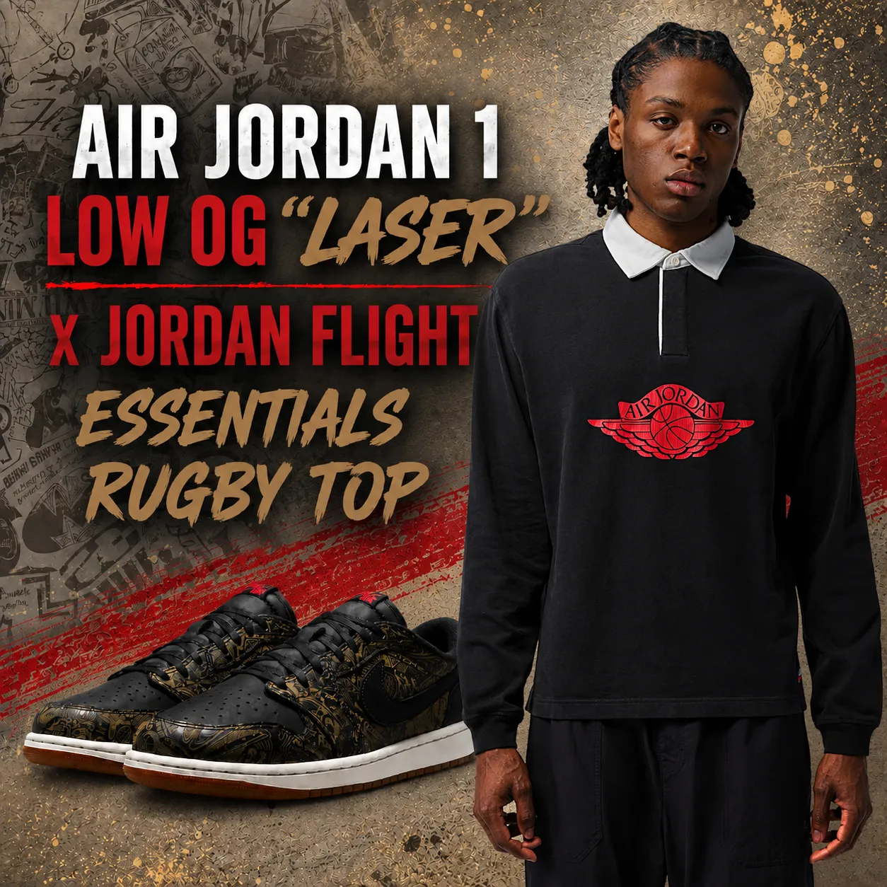 Air Jordan 1 Low OG “Laser” sneakers with the black Jordan Flight Essentials Rugby Top.
