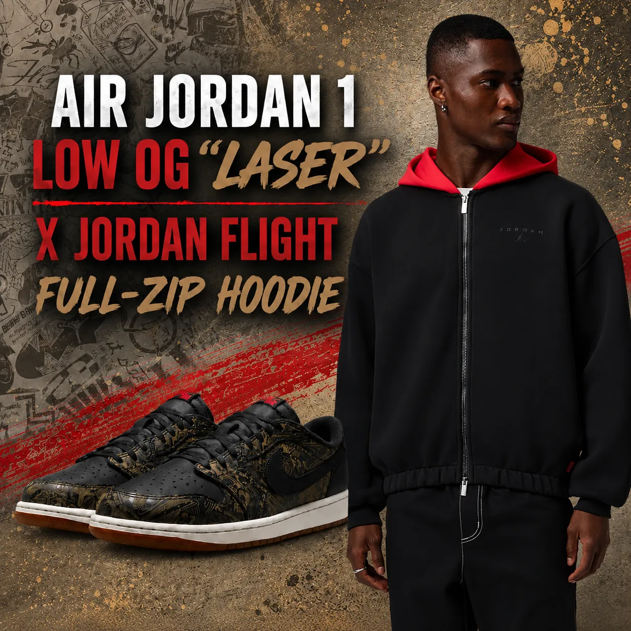 Air Jordan 1 Low OG “Laser” sneakers with matching Jordan Flight Full-Zip Hoodie.