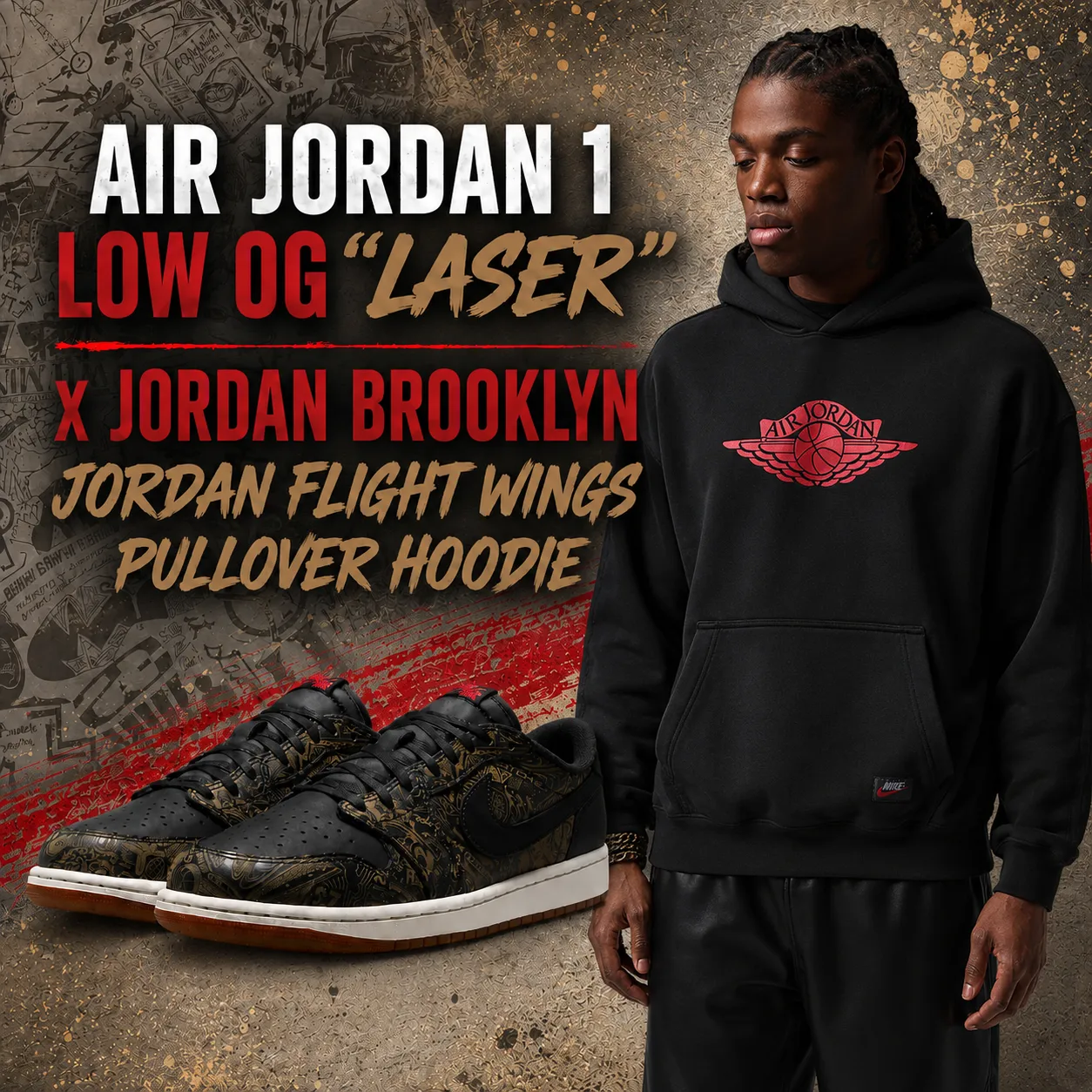 Air Jordan 1 Low OG “Laser” sneakers with the black Jordan Flight Wings Pullover Hoodie.