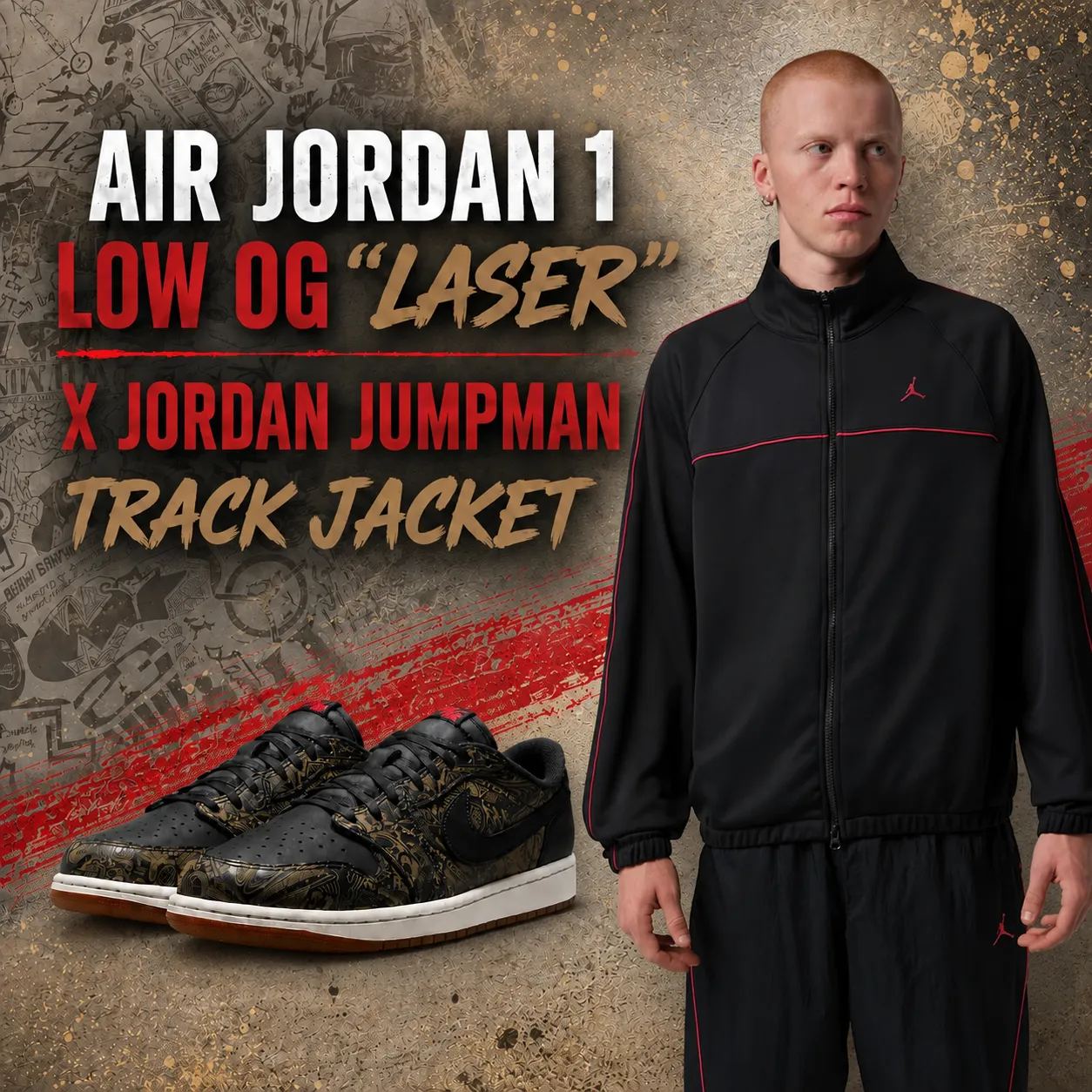 Air Jordan 1 Low OG Laser sneakers with the black Jordan Jumpman Track Jacket featuring red accents.