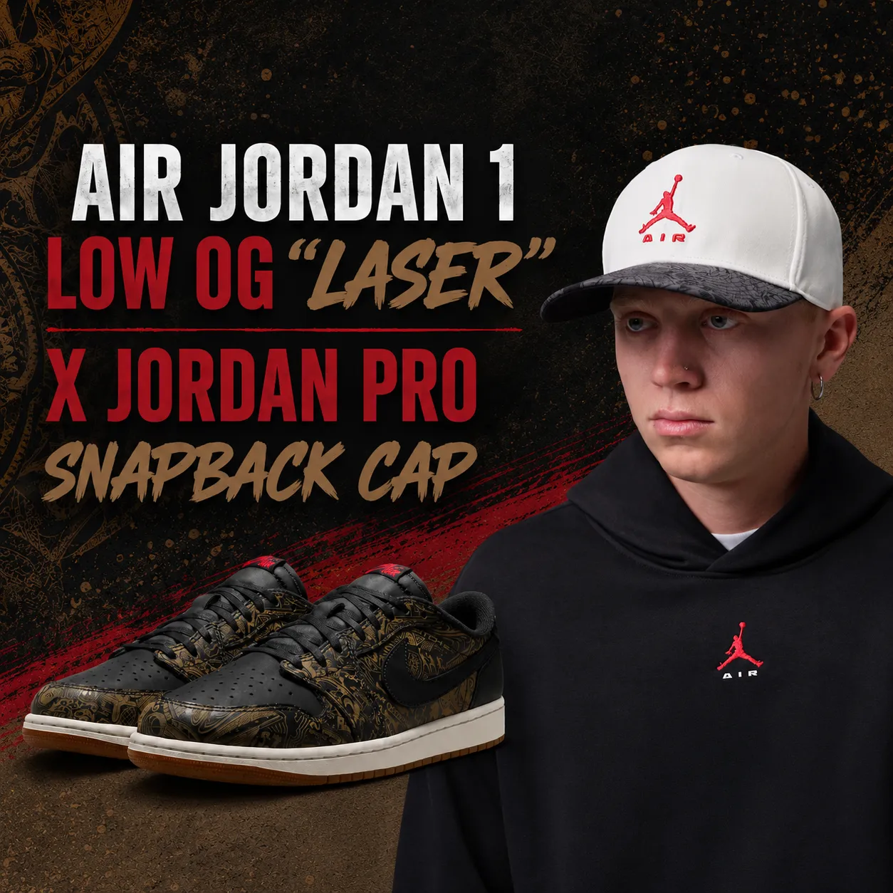 Air Jordan 1 Low OG “Laser” sneakers paired with the Jordan Pro Snapback Cap in white, black and red.