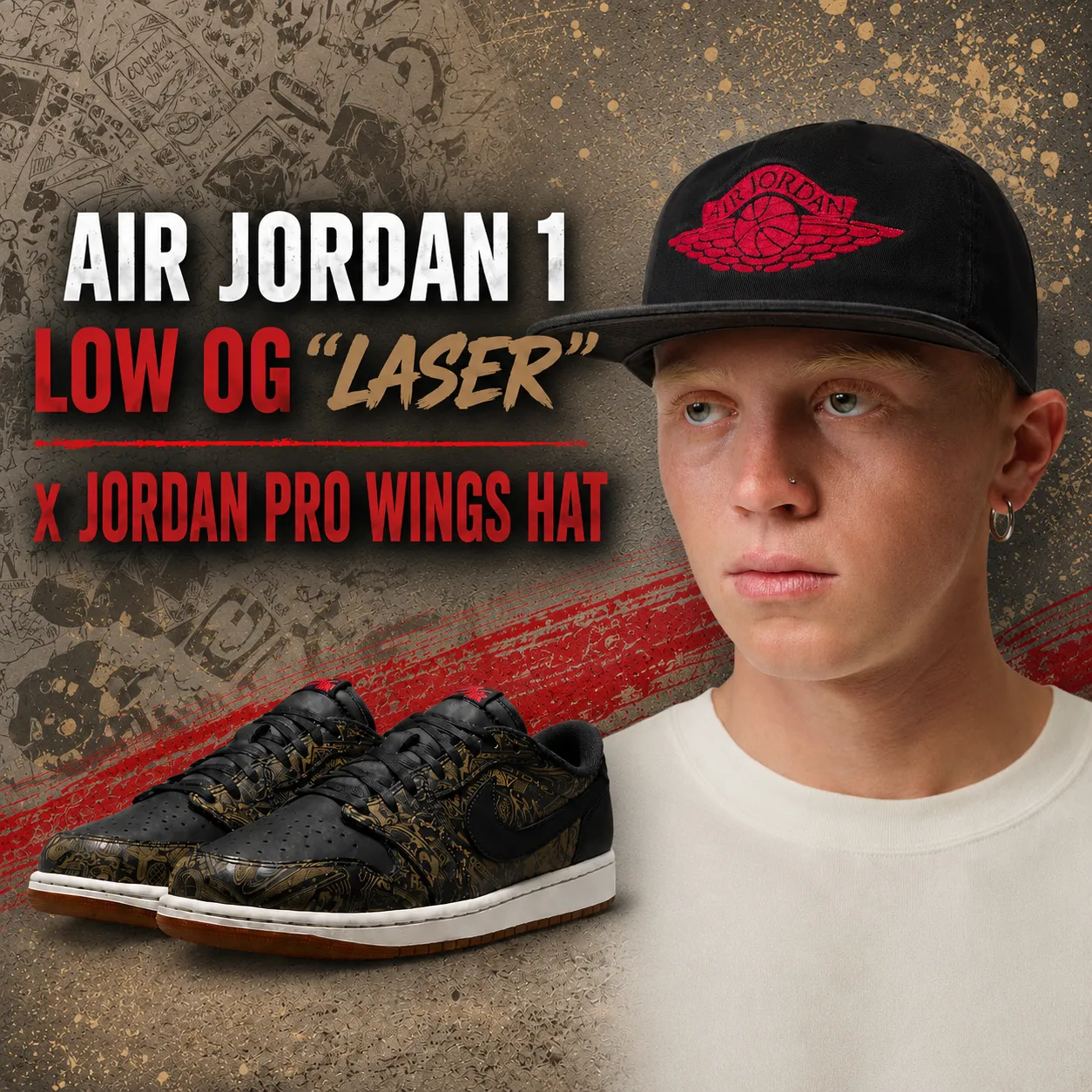 Air Jordan 1 Low OG “Laser” sneakers paired with the black Jordan Pro Wings Hat with red Air Jordan Wings logo.