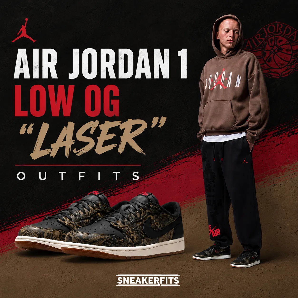 Air Jordan 1 Low OG “Laser” sneakers with matching Jordan Brand hoodie and pants outfit.