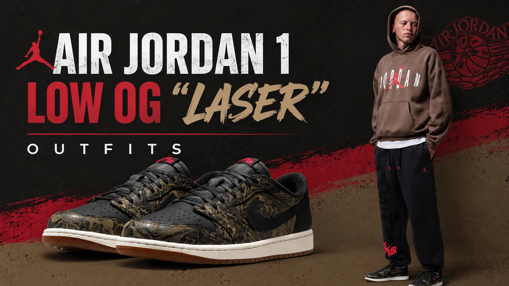 Air Jordan 1 Low OG “Laser” sneakers with matching brown and black Jordan apparel.