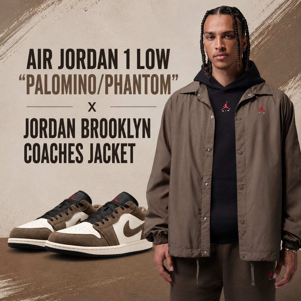 Air Jordan 3 “Laser” sneakers paired with the Jordan Brooklyn Coaches Jacket in Palomino.