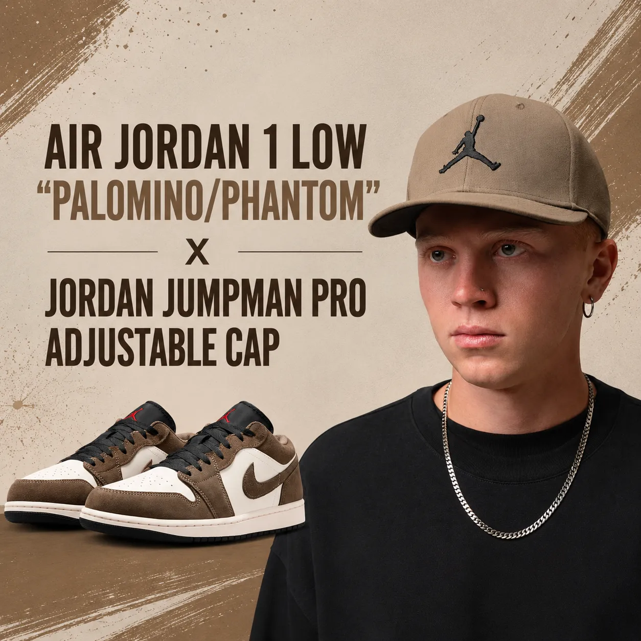 Air Jordan 1 Low “Palomino/Phantom” sneakers paired with the Jordan Jumpman Pro Adjustable Cap in a matching brown color.