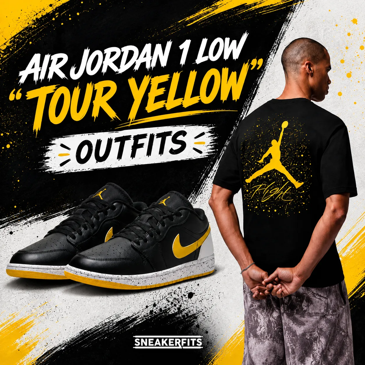 Air Jordan 1 Low Tour Yellow sneakers with matching black and yellow Jordan apparel outfit.