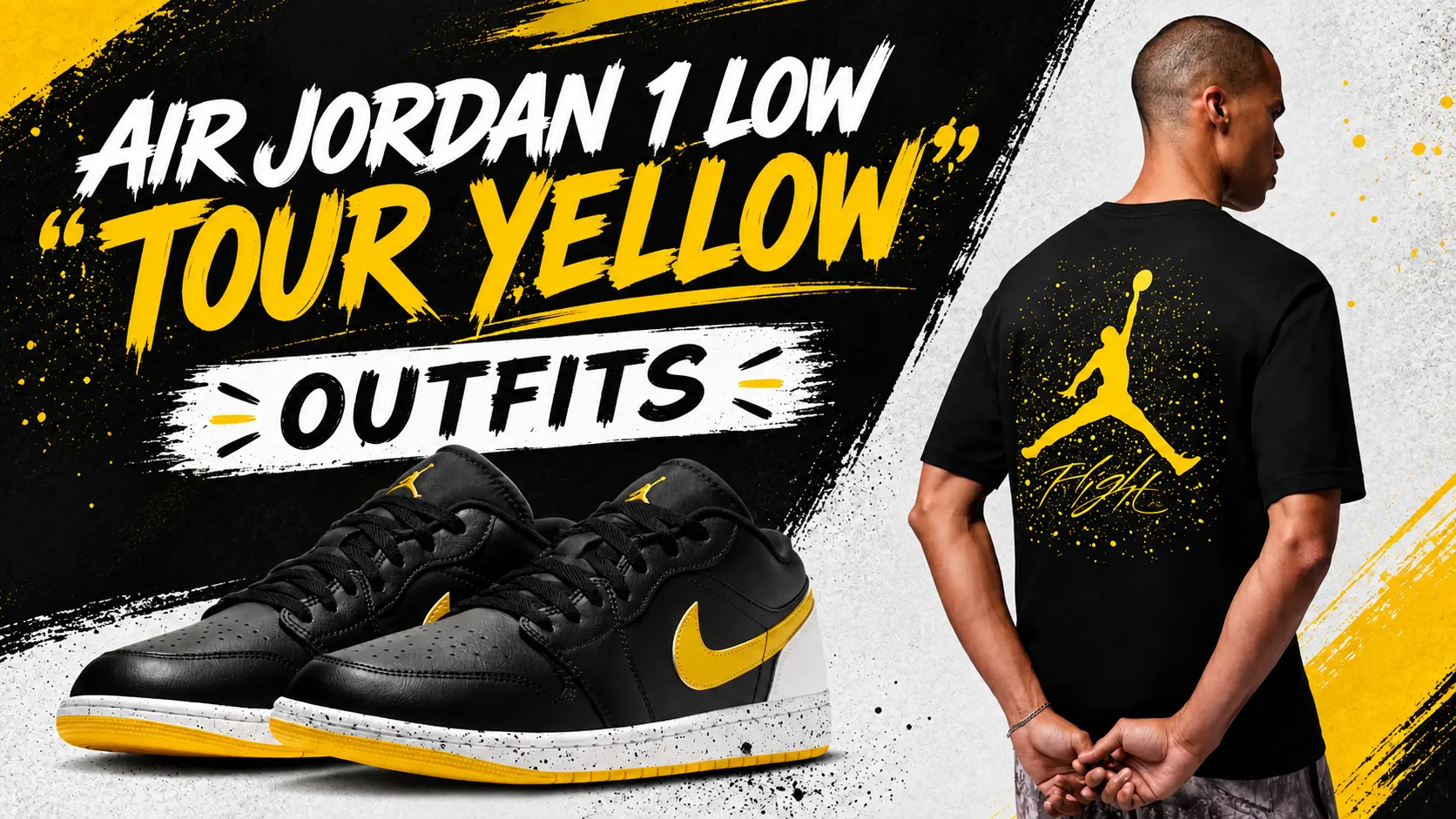 Air Jordan 1 Low Tour Yellow sneakers with matching black and yellow Jordan Brand apparel.