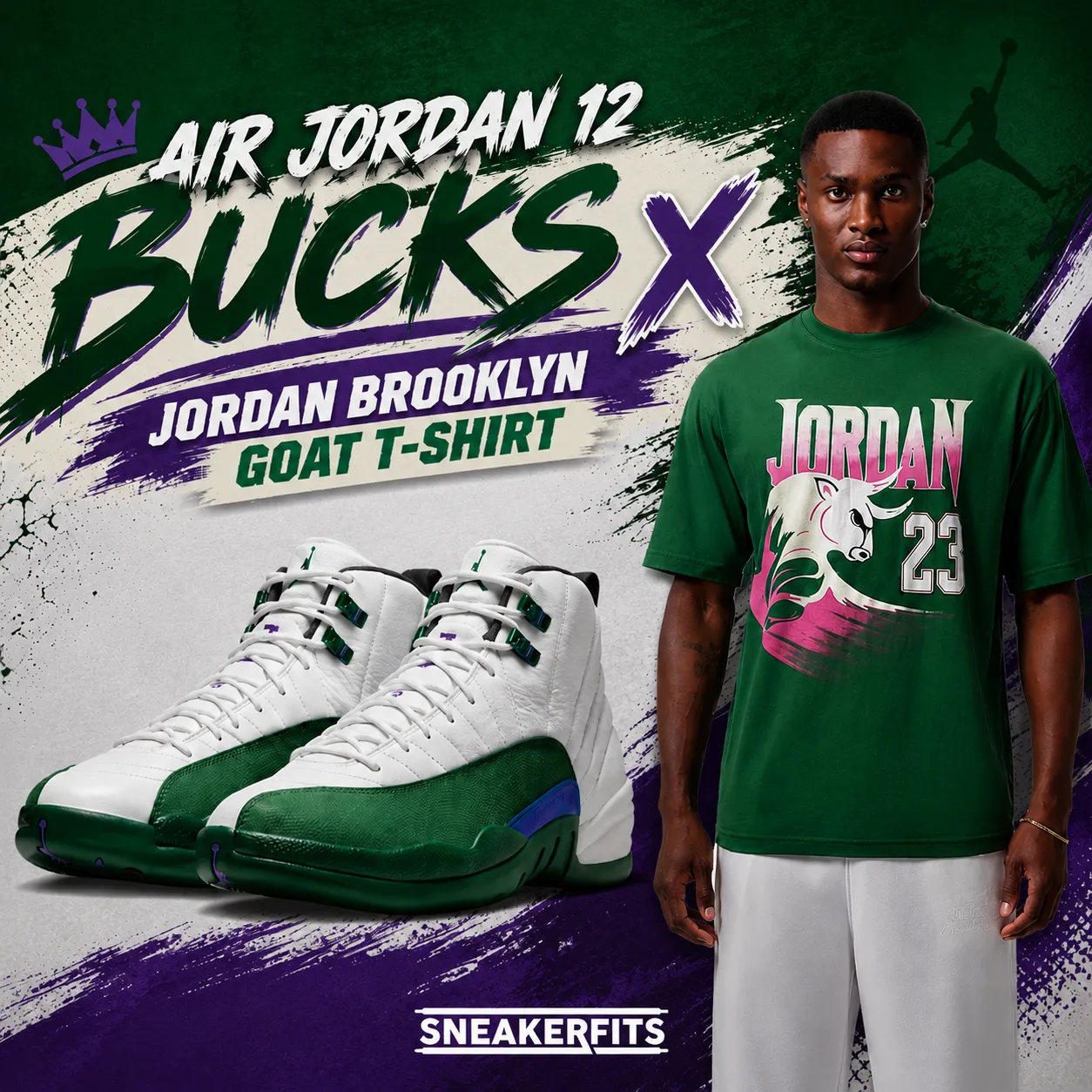 Air Jordan 12 Bucks sneakers paired with the Jordan Brooklyn Goat Graphic T-Shirt in Gorge Green.