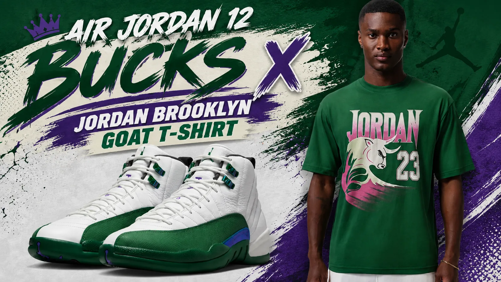 Air Jordan 12 Bucks sneakers with matching Jordan Brooklyn Goat Graphic T-Shirt in Gorge Green.
