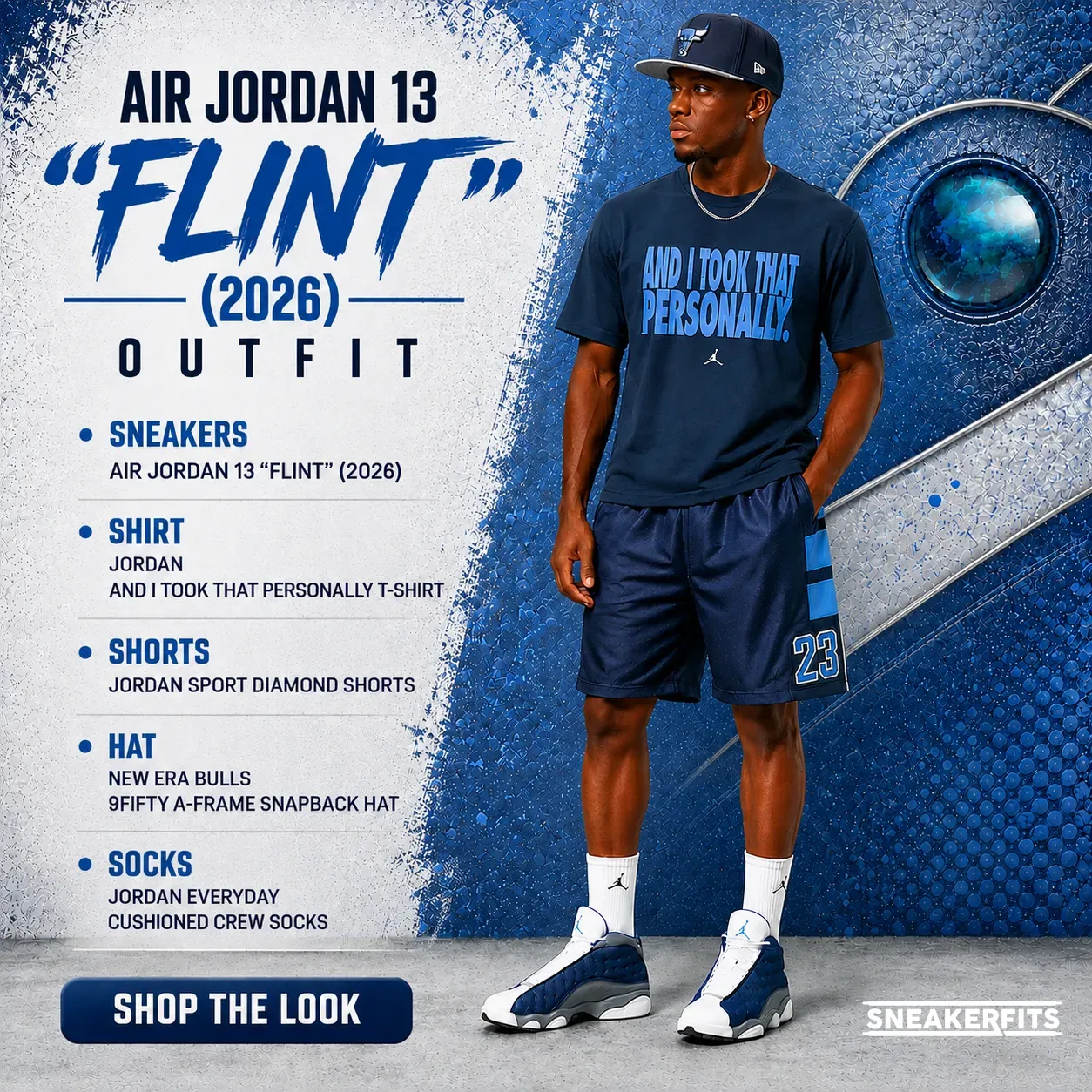 Male model wearing the Air Jordan 13 "Flint" (2026) sneakers with a matching Jordan T-shirt, Jordan Sport Diamond Shorts, New Era Chicago Bulls snapback hat and Jordan Everyday Cushioned Crew Socks.