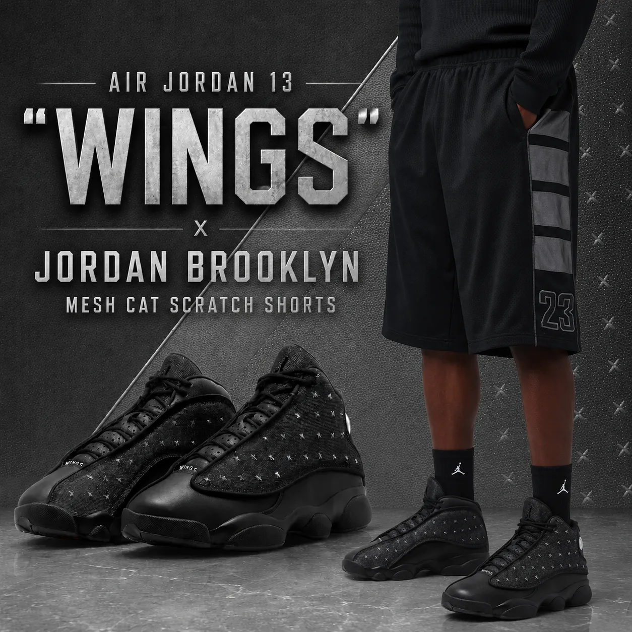 Air Jordan 13 "Wings" sneakers paired with Jordan Brooklyn Mesh Cat Scratch Shorts on a dark textured promotional background.