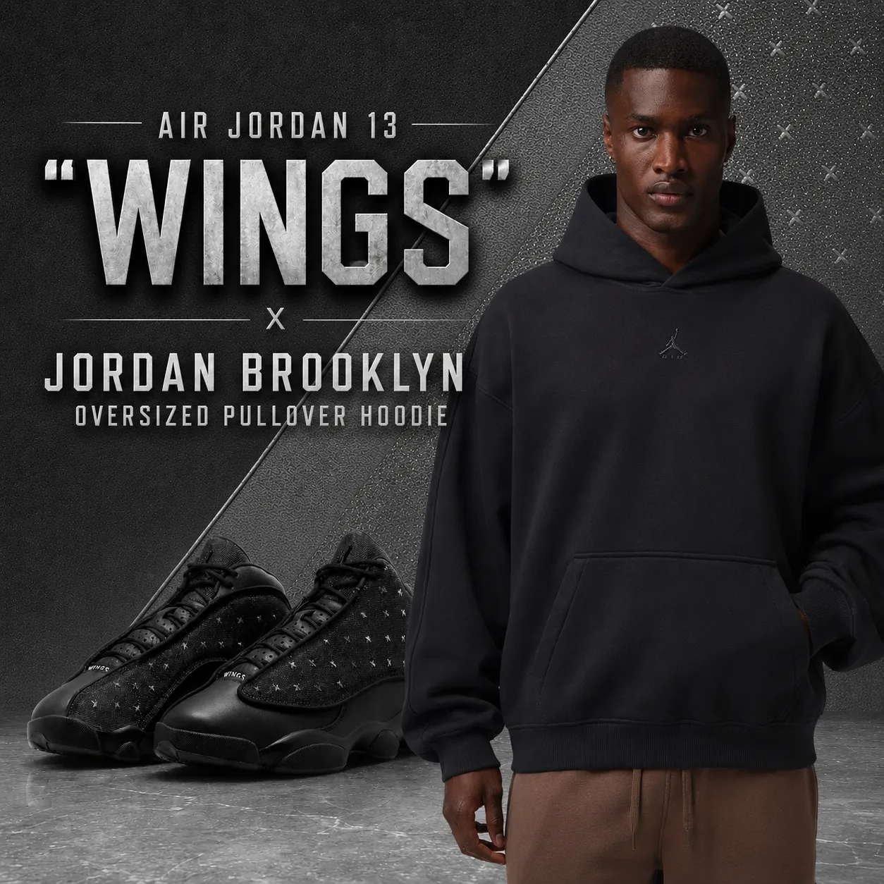 Air Jordan 13 "Wings" sneakers paired with the Jordan Brooklyn Oversized Pullover Fleece Hoodie in black.