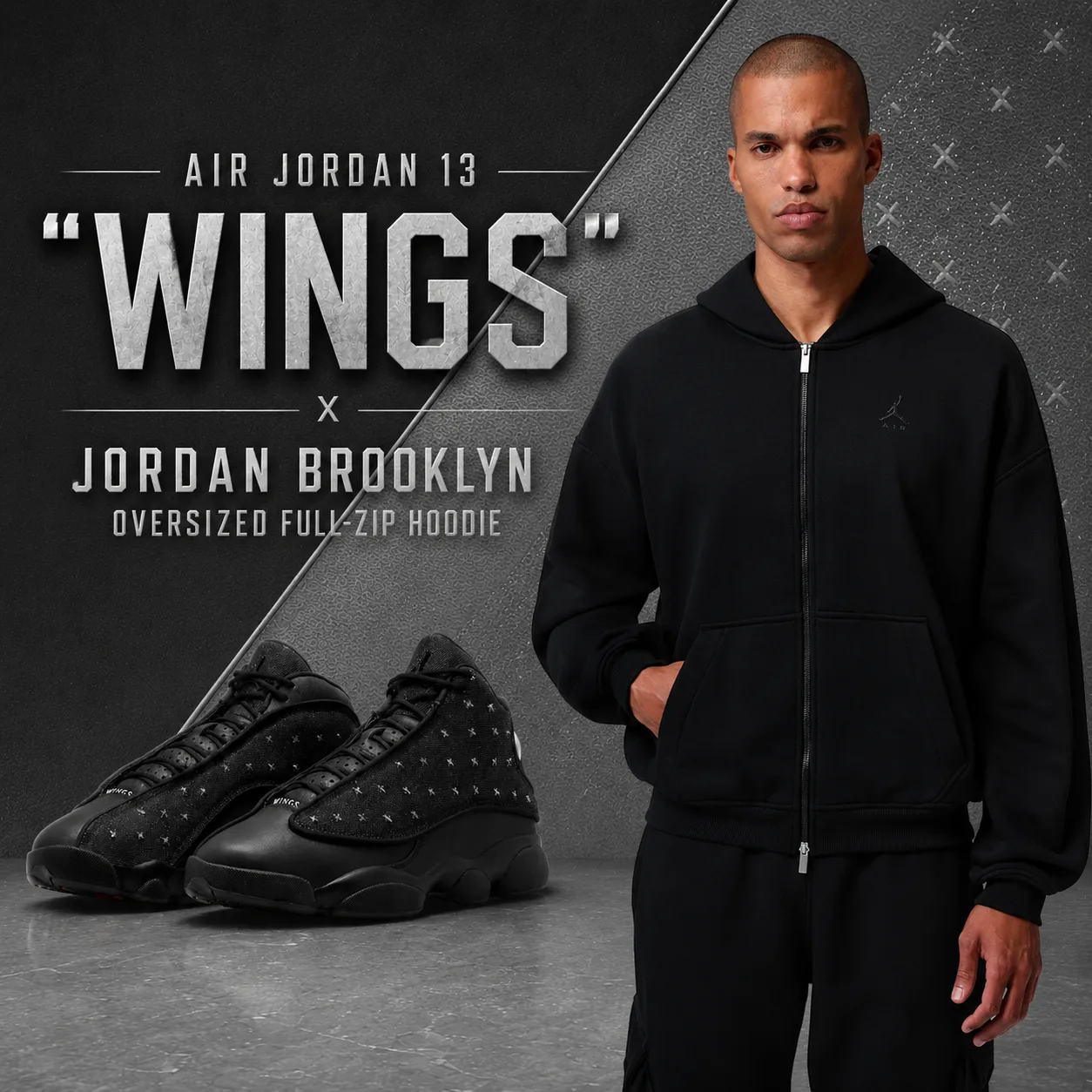 Air Jordan 13 "Wings" sneakers paired with the Jordan Brooklyn Oversized Full-Zip Hoodie in black for a coordinated outfit.