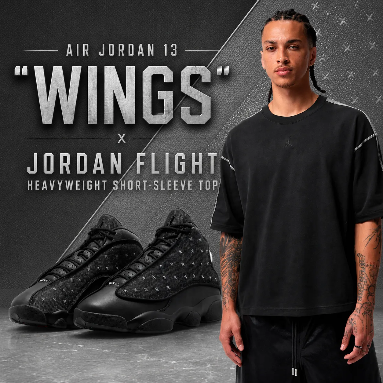 Air Jordan 13 "Wings" sneakers paired with the Jordan Flight Heavyweight Short-Sleeve Top for a coordinated black outfit.