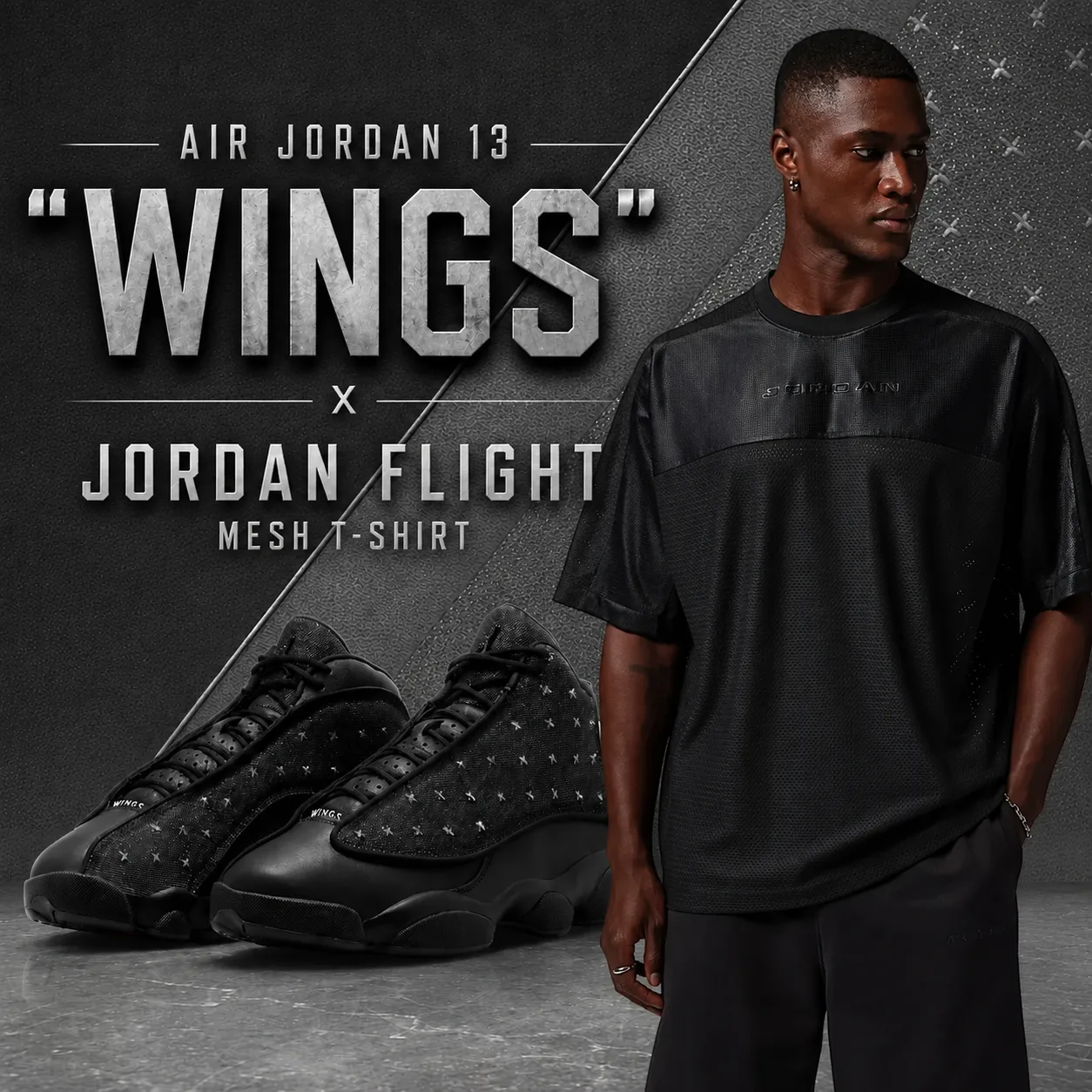 Air Jordan 13 "Wings" sneakers paired with the Jordan Flight Mesh T-Shirt in black, featured in a matching outfit graphic with a textured black and gray background.