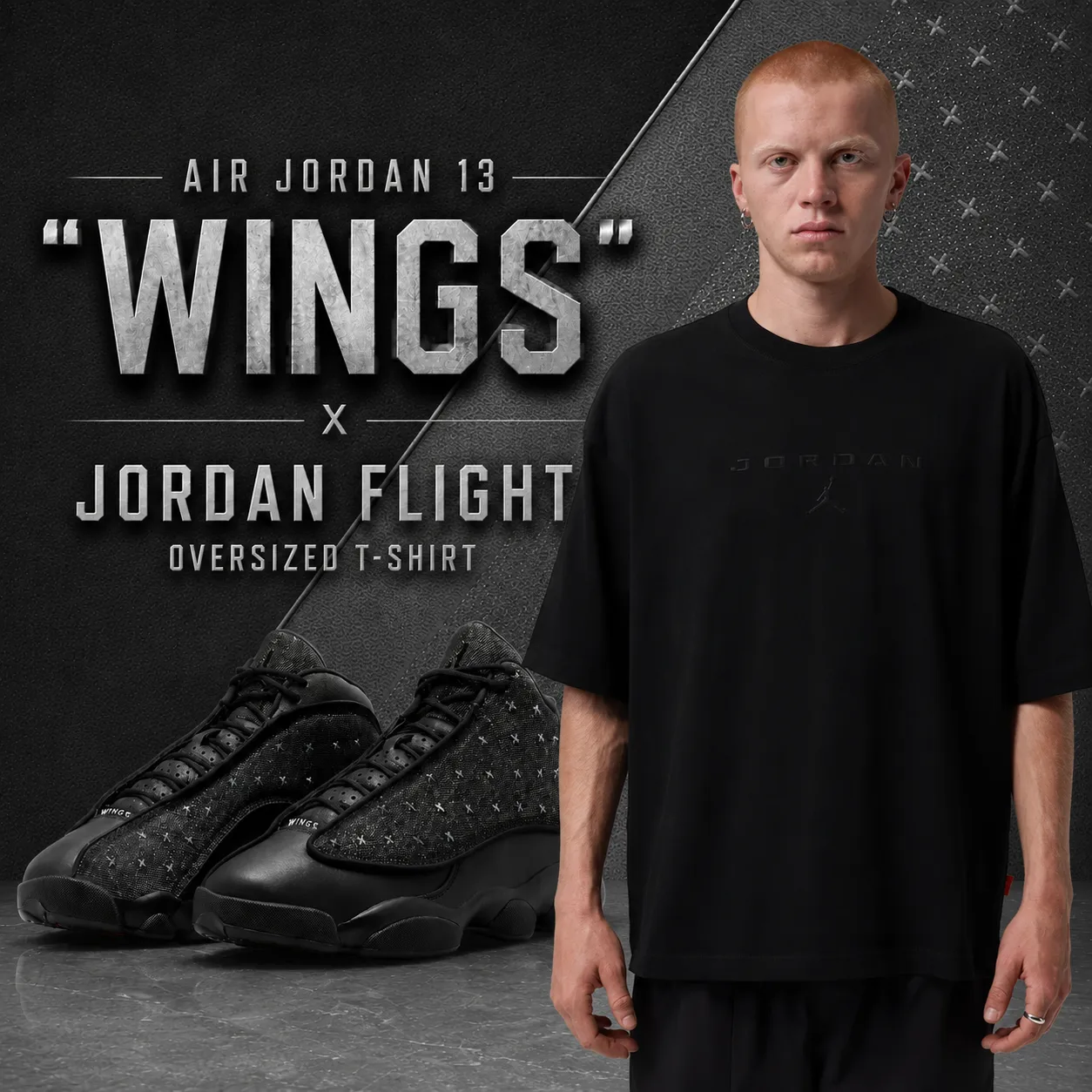 Promotional graphic featuring the Air Jordan 13 "Wings" sneakers paired with the Jordan Flight Oversized T-Shirt. The black sneakers appear on the left while a model wearing the oversized black T-shirt stands on the right against a textured black and gray background with bold metallic "Wings" typography.