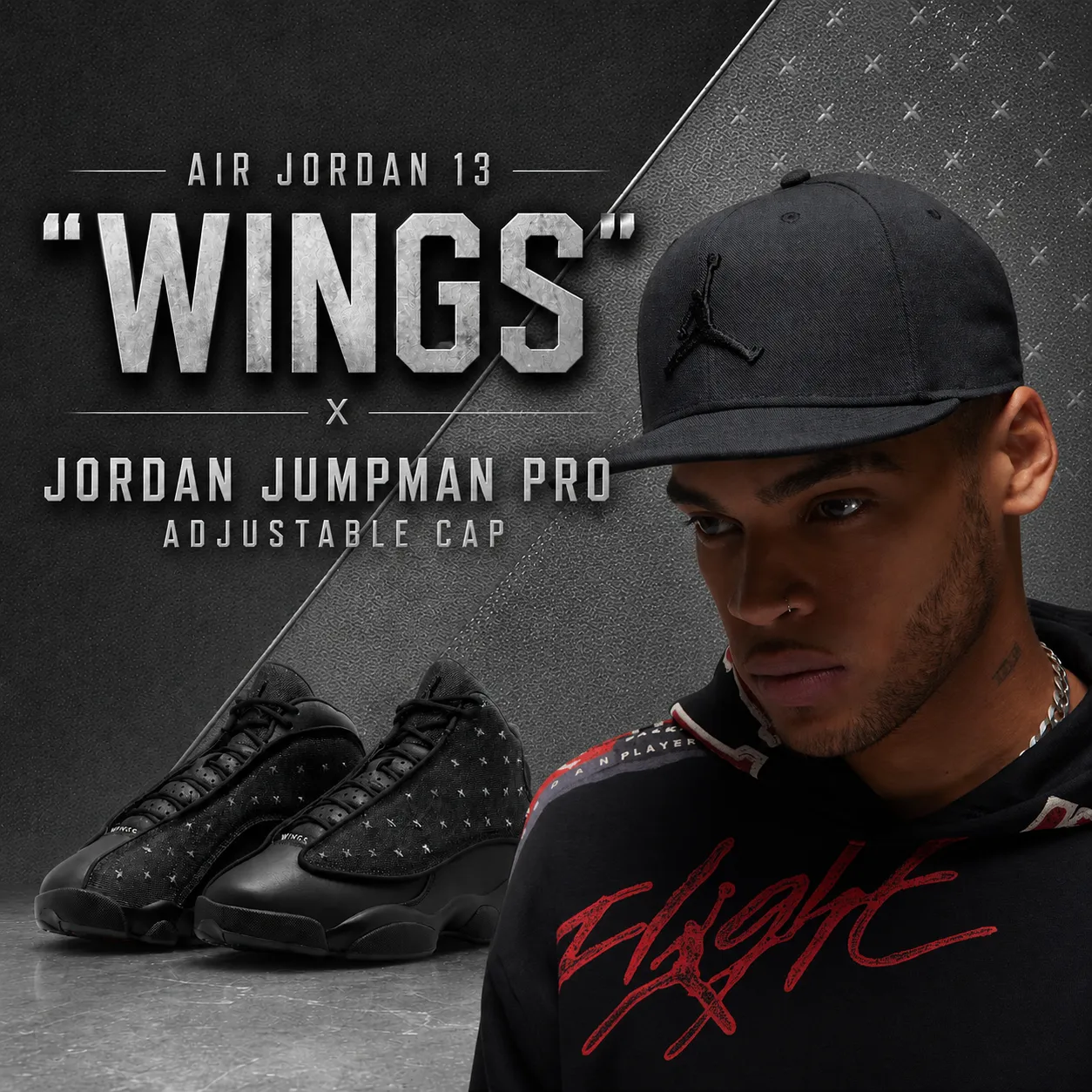 Air Jordan 13 "Wings" sneakers paired with the Jordan Jumpman Pro Adjustable Cap in black.