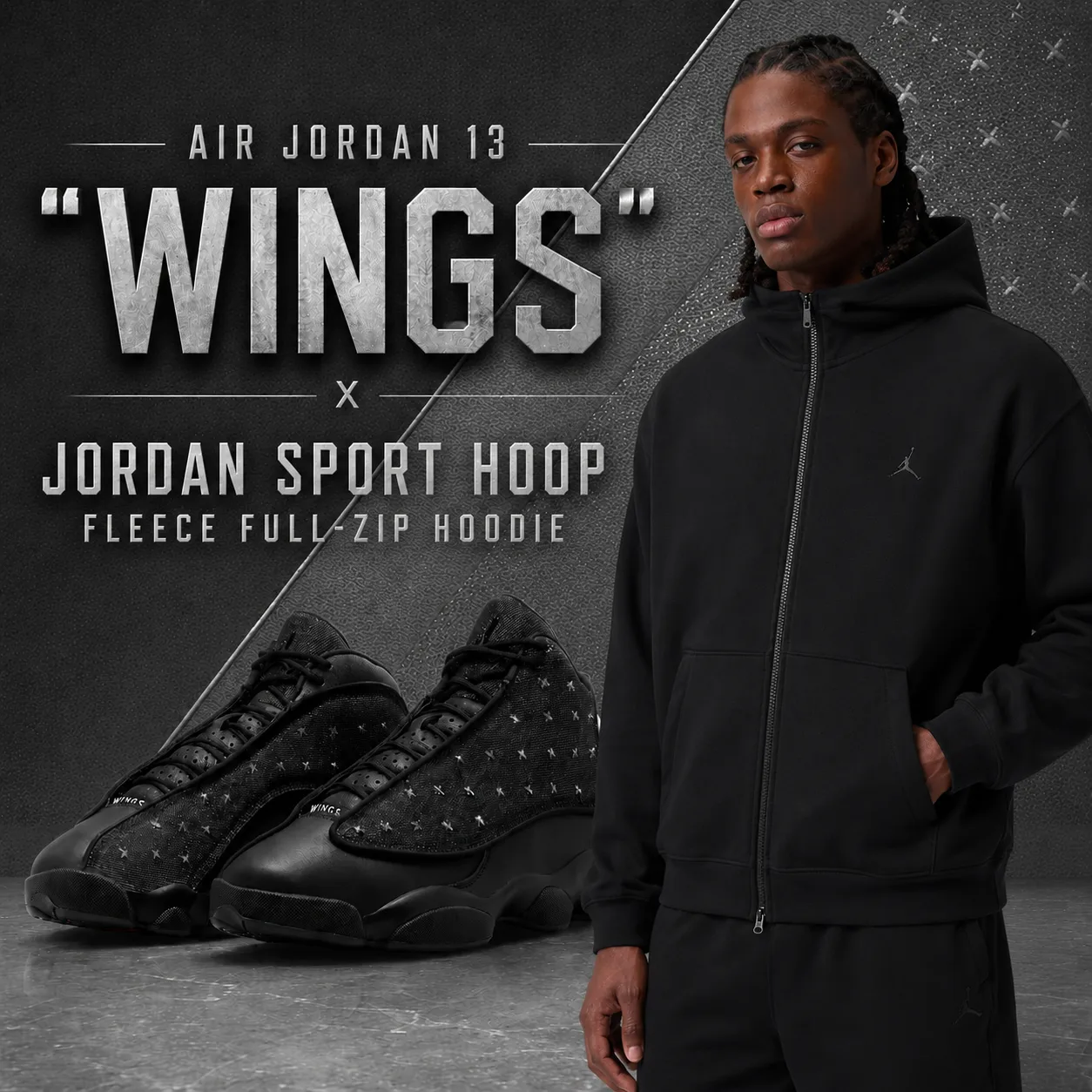 Air Jordan 13 "Wings" sneakers paired with the Jordan Sport Hoop Fleece Full-Zip Hoodie in a matching outfit inspiration graphic.
