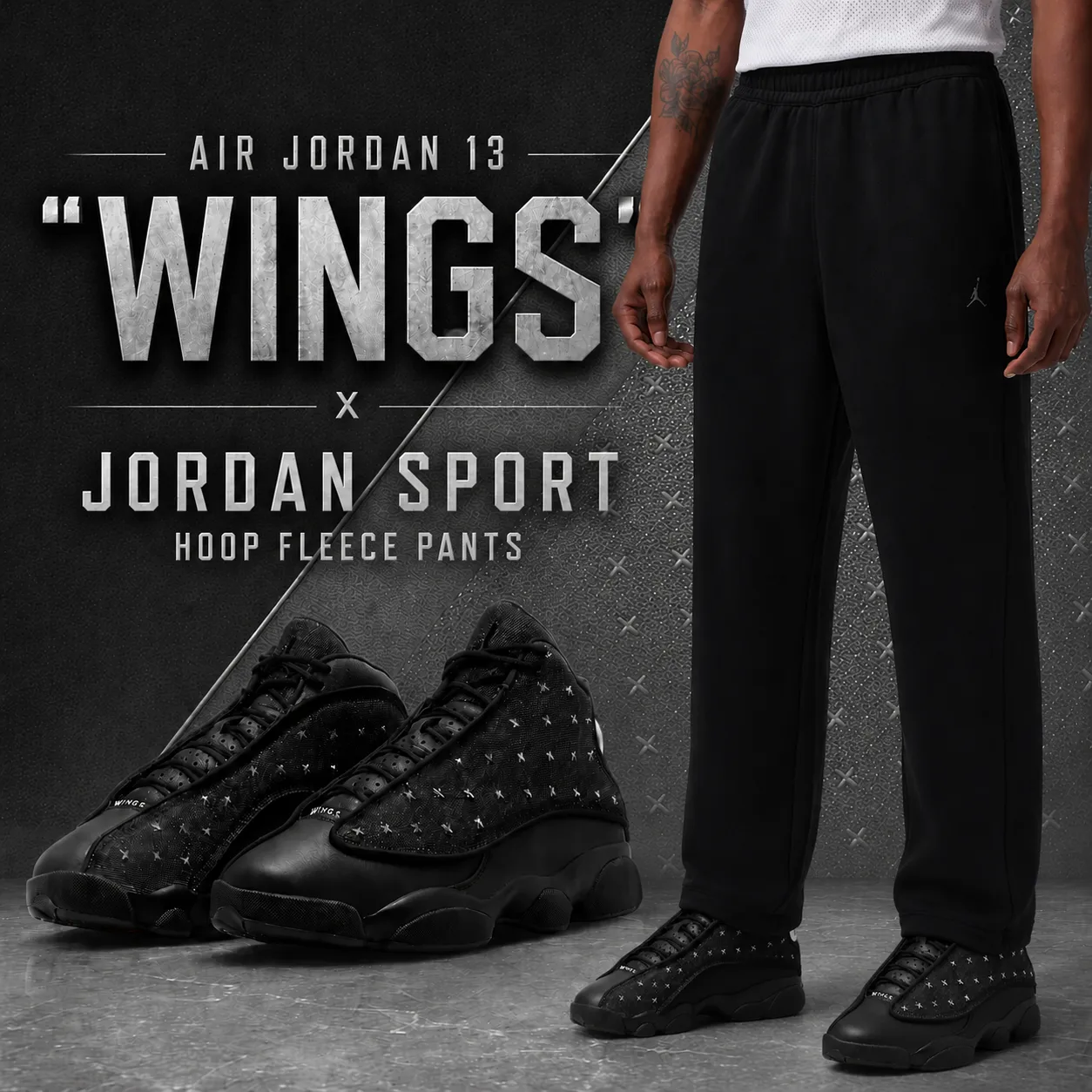 Air Jordan 13 "Wings" sneakers styled with Jordan Sport Hoop Fleece Pants in a matching black outfit.