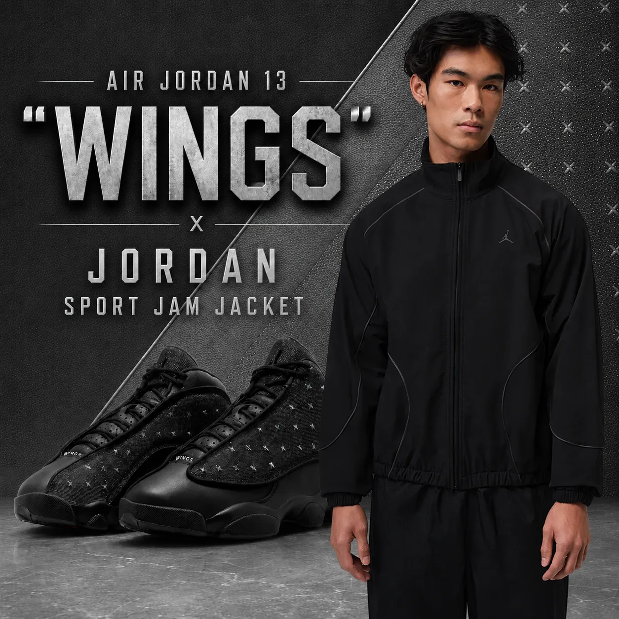 Air Jordan 13 "Wings" sneakers paired with the Jordan Sport Jam Jacket in a matching outfit inspiration graphic.