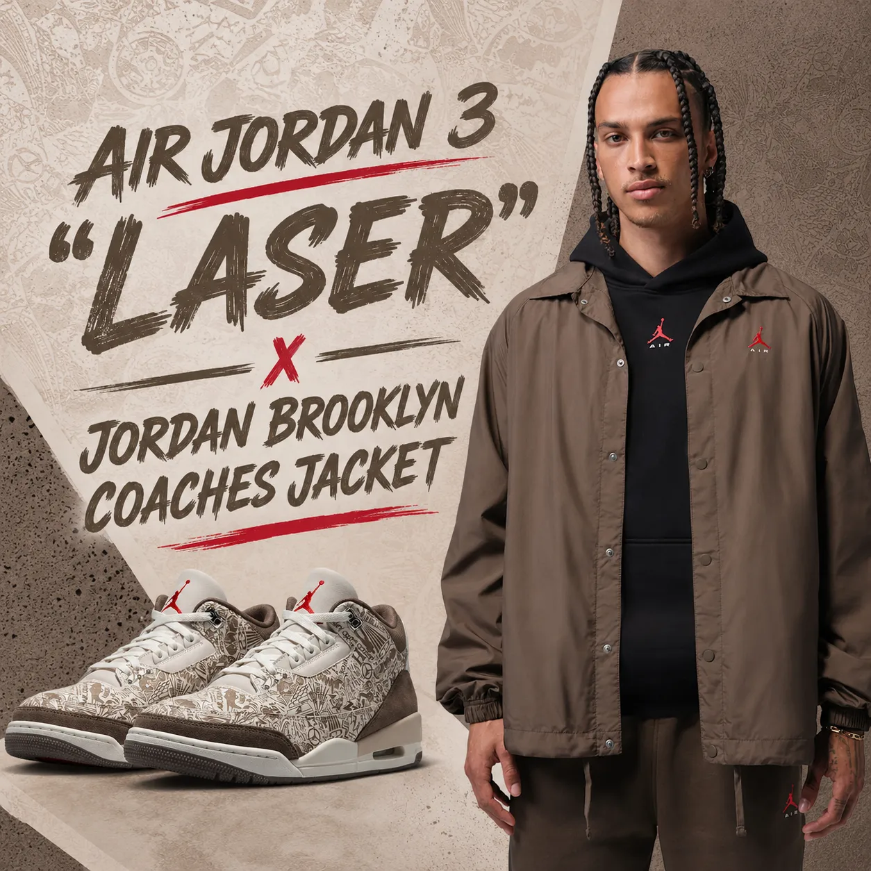 Air Jordan 3 “Laser” sneakers paired with the Jordan Brooklyn Coaches Jacket in Palomino.