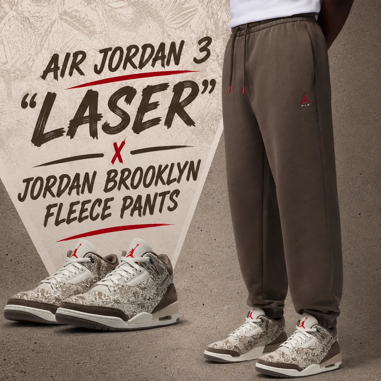 Air Jordan 3 “Laser” sneakers paired with Jordan Brooklyn Fleece Pants in Palomino.