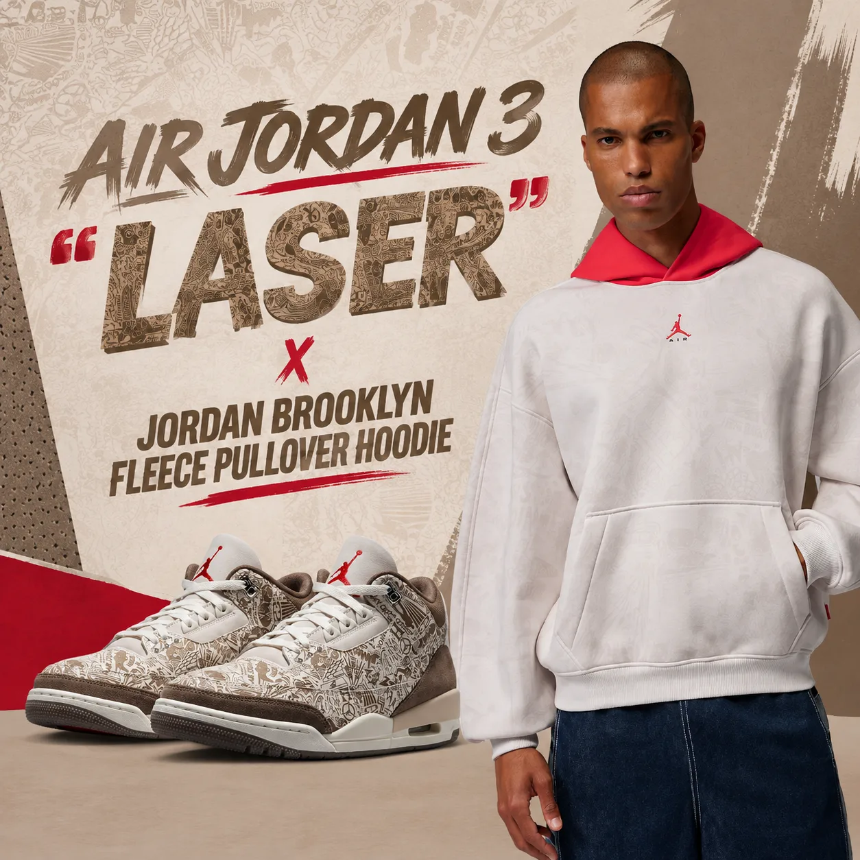 Air Jordan 3 “Laser” sneakers with the Jordan Brooklyn Fleece Pullover Hoodie in Phantom and University Red.
