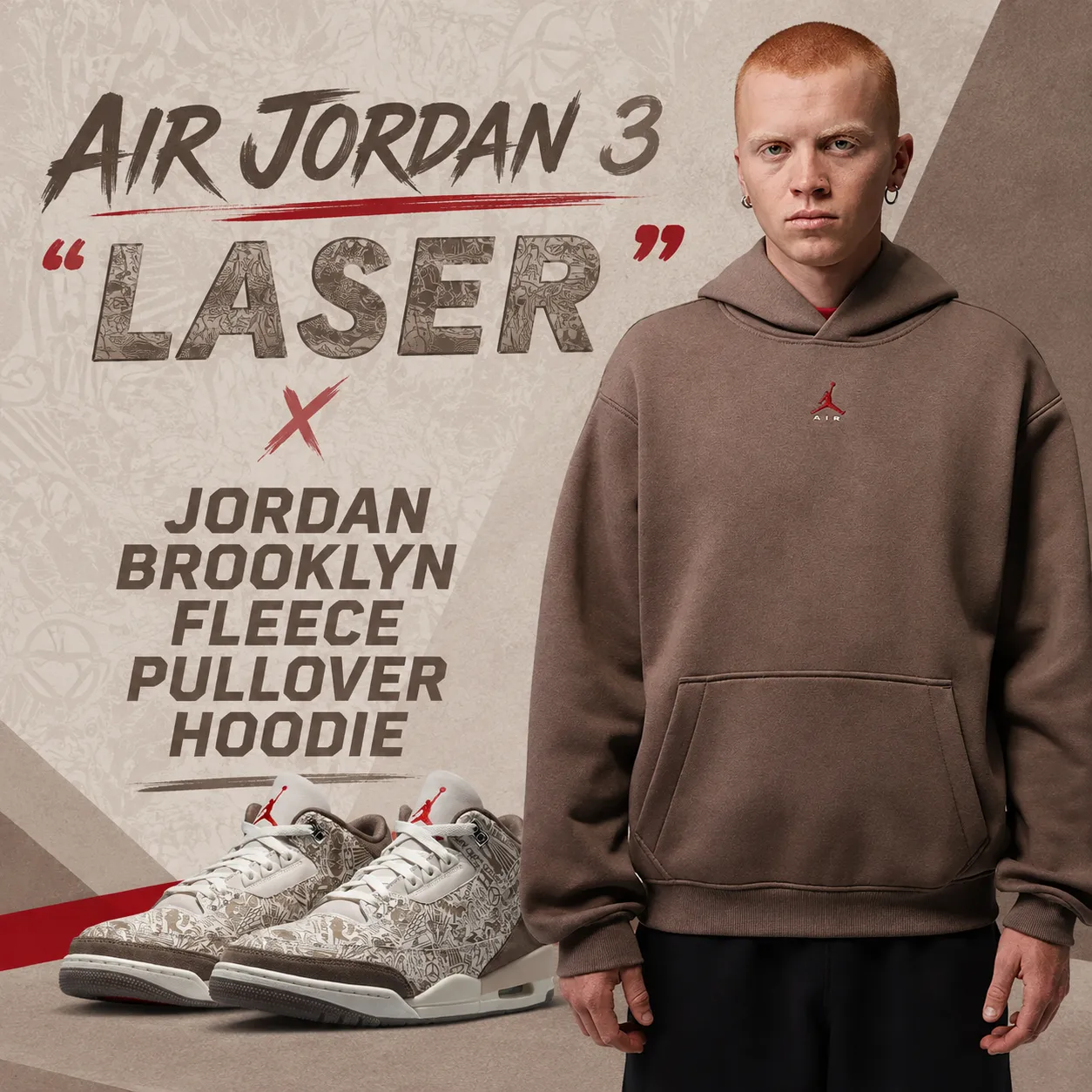 Air Jordan 3 “Laser” sneakers with the matching Jordan Brooklyn Fleece Pullover Hoodie in Palomino.