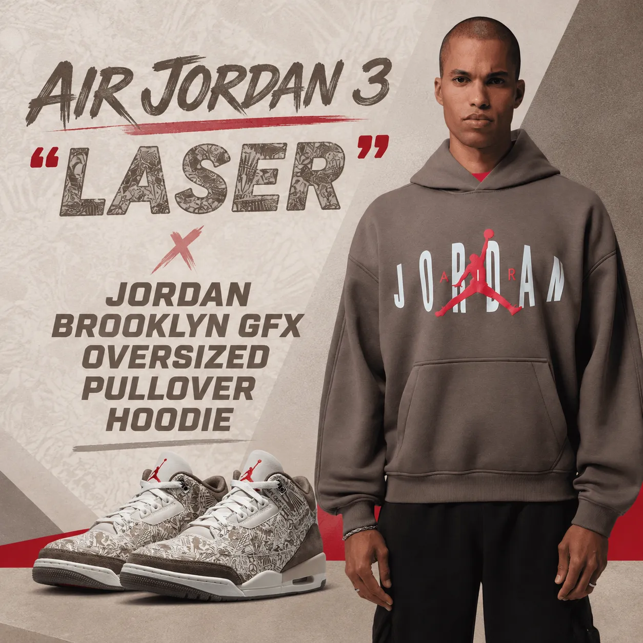 Air Jordan 3 “Laser” sneakers with the Jordan Brooklyn GFX Oversized Pullover Hoodie in Palomino.