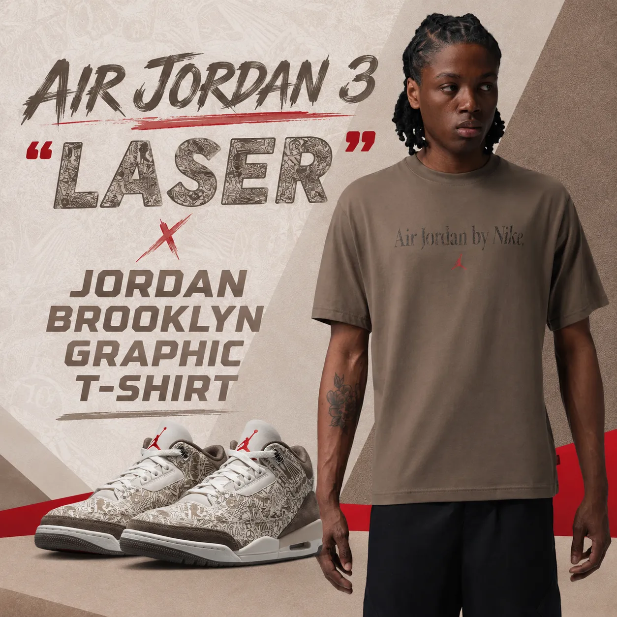 Air Jordan 3 “Laser” sneakers with the Jordan Brooklyn Graphic T-Shirt in Palomino.