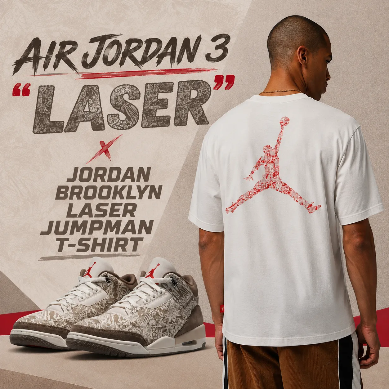 Air Jordan 3 “Laser” sneakers with the Jordan Brooklyn Laser Jumpman T-Shirt shown from the back.