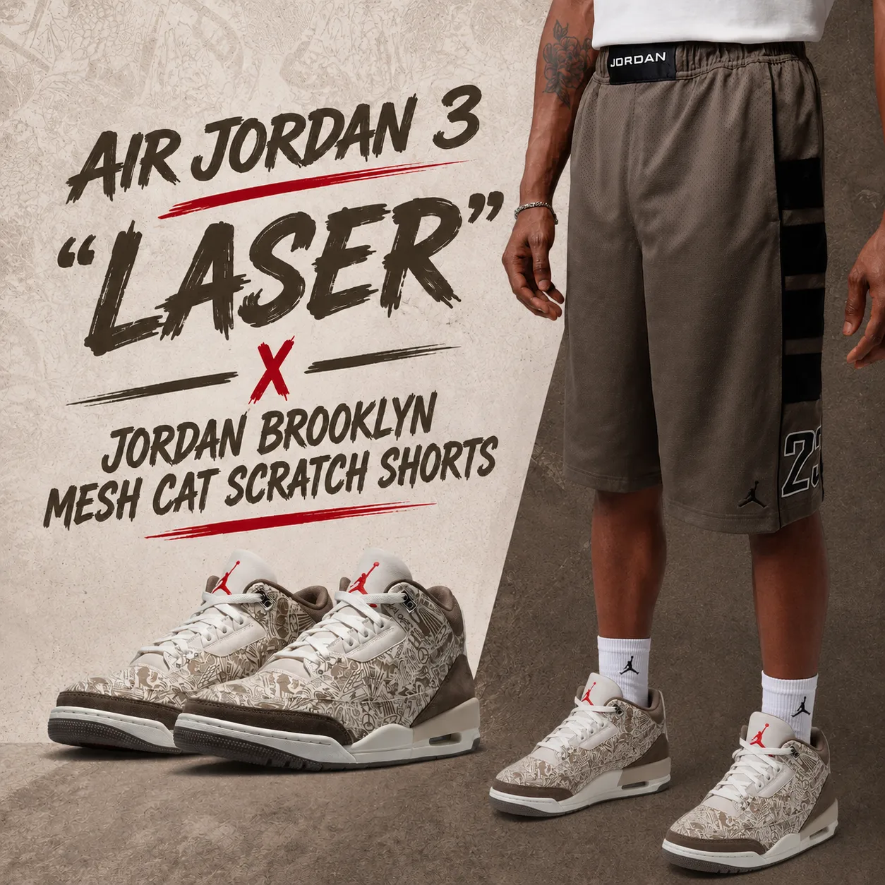 Air Jordan 3 “Laser” sneakers styled with Jordan Brooklyn Mesh Cat Scratch Shorts in a matching brown, black and sail outfit.