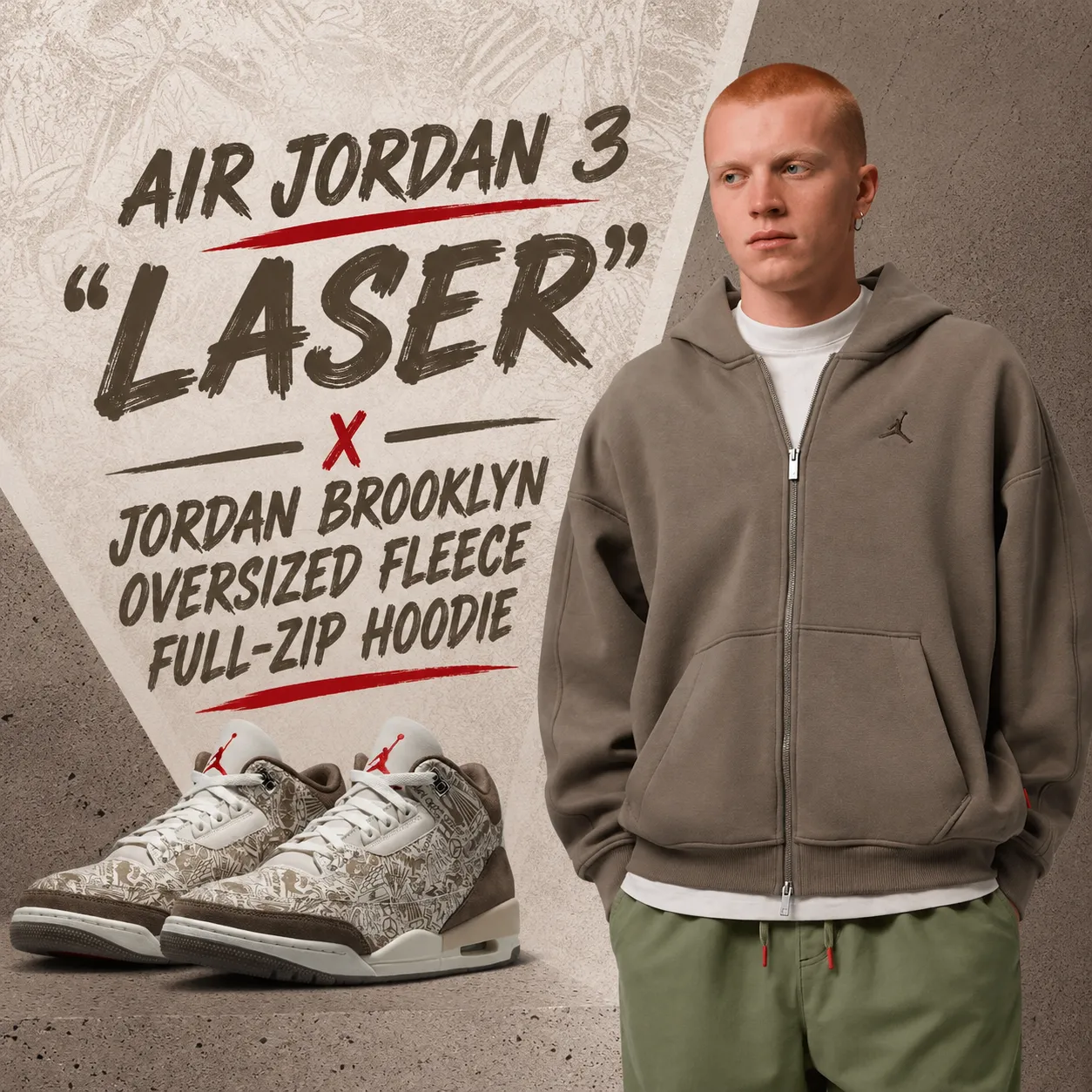 Air Jordan 3 Laser sneakers paired with the Jordan Brooklyn Oversized Fleece Full-Zip Hoodie in Palomino.