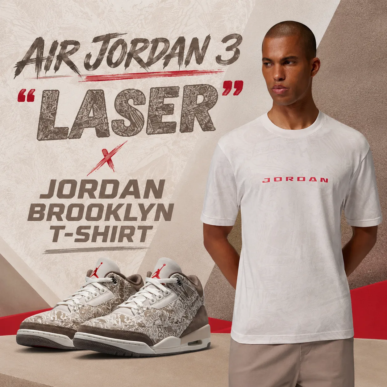 Air Jordan 3 “Laser” sneakers paired with a matching Phantom and University Red Jordan Brooklyn T-Shirt.