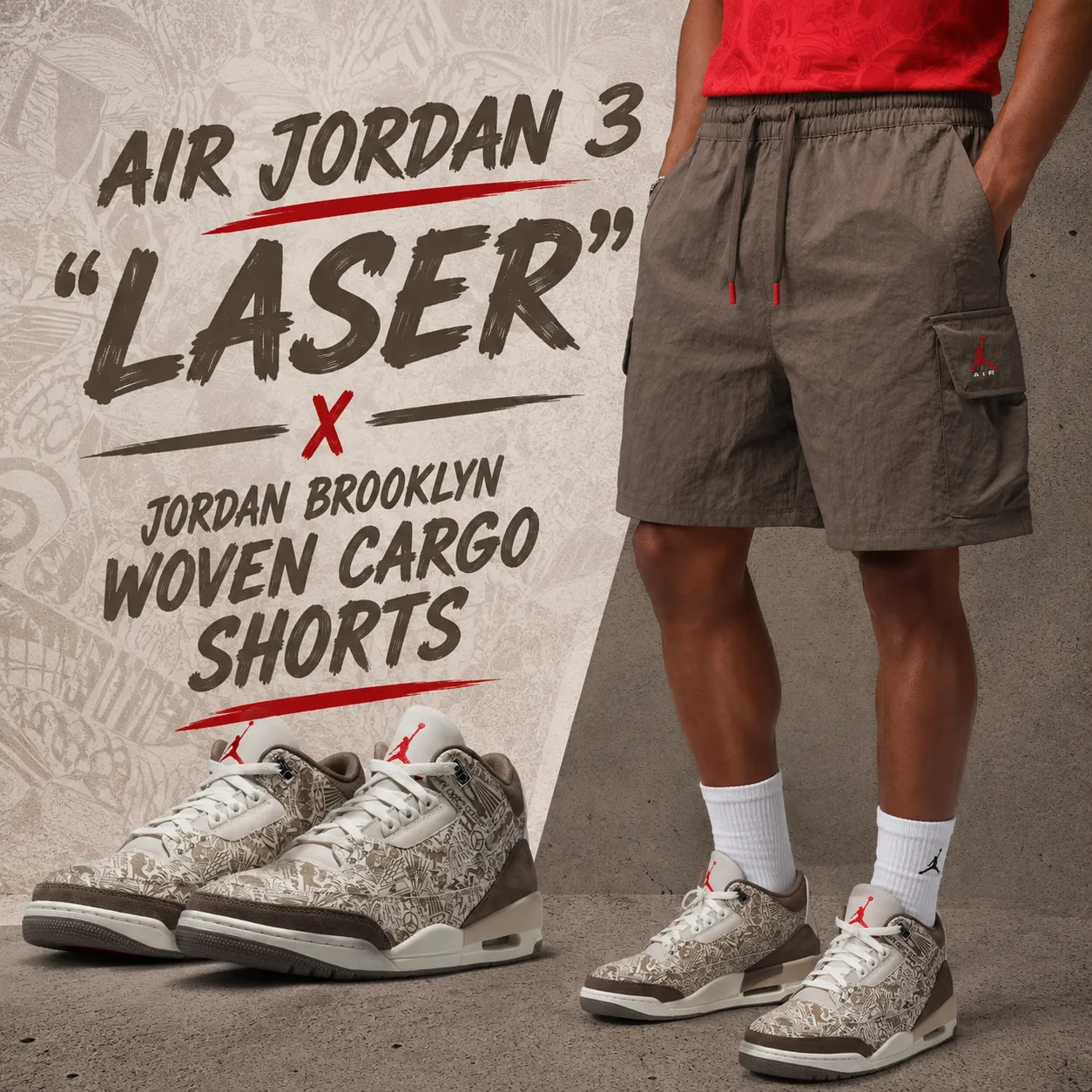 Air Jordan 3 “Laser” sneakers paired with Jordan Brooklyn Woven Cargo Shorts in Palomino.
