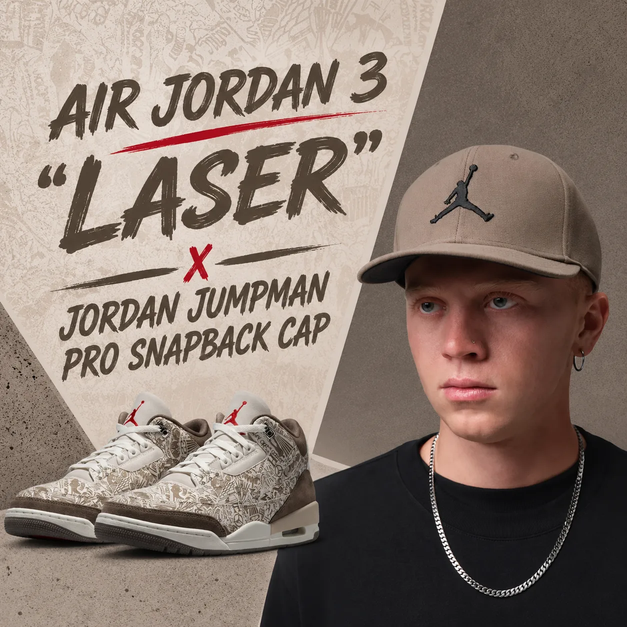 Air Jordan 3 “Laser” sneakers with the Jordan Jumpman Pro Snapback Cap in Palomino and Black.
