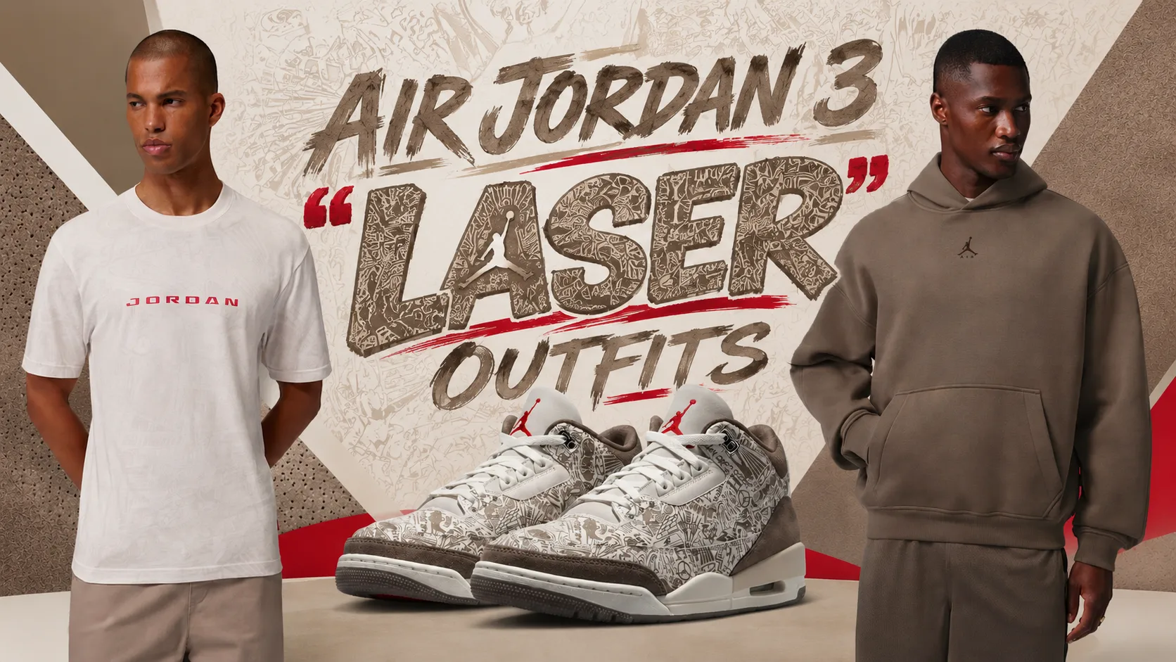 Air Jordan 3 “Laser” sneakers with matching Jordan Brand shirt and brown hoodie outfit ideas.