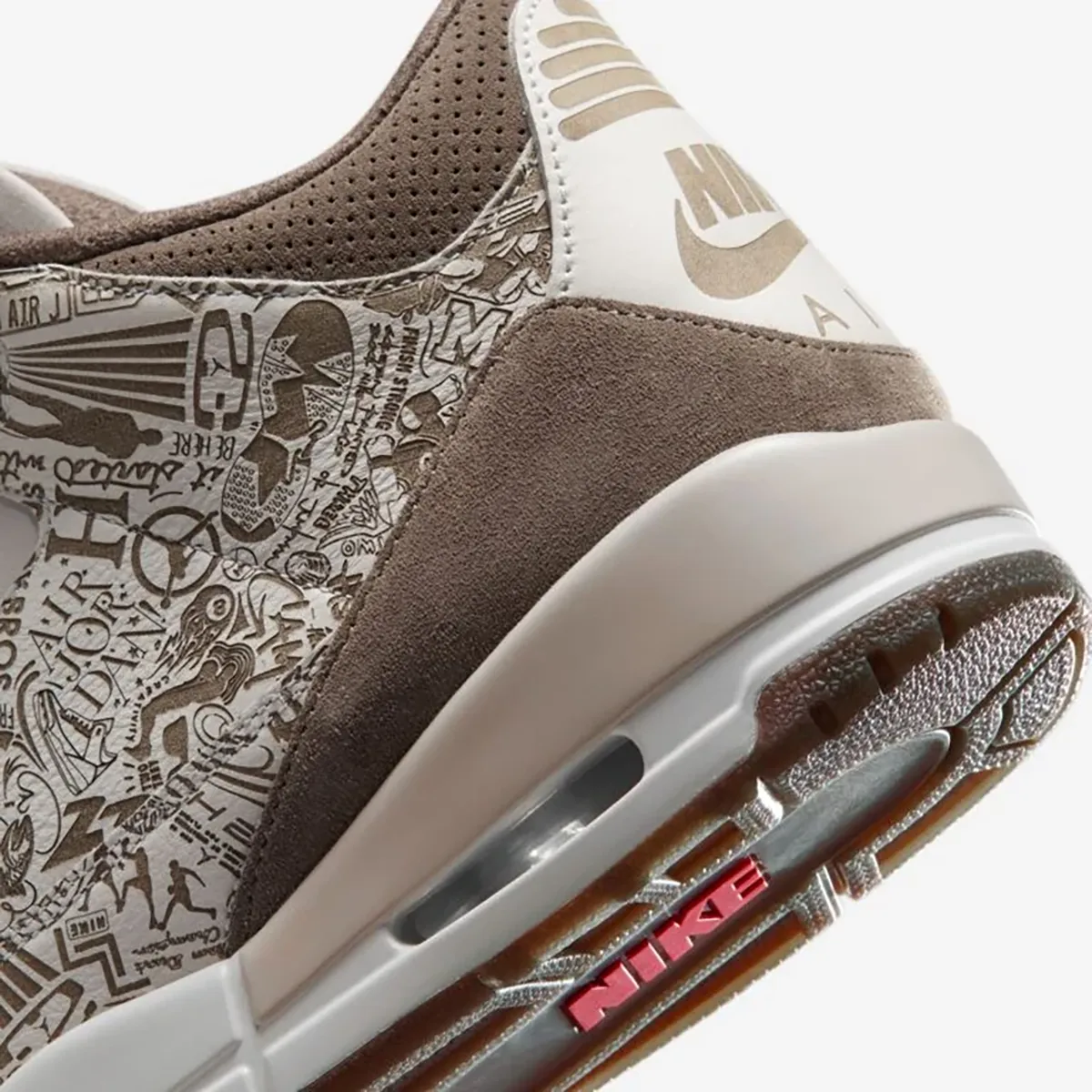 Close-up of the Air Jordan 3 Laser Palomino heel, Nike Air branding and University Red outsole detail.