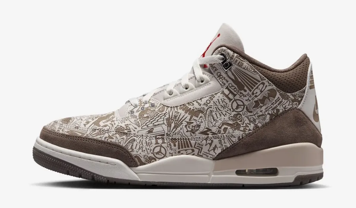 Air Jordan 3 Laser in Phantom, Palomino and University Red shown from the lateral side.