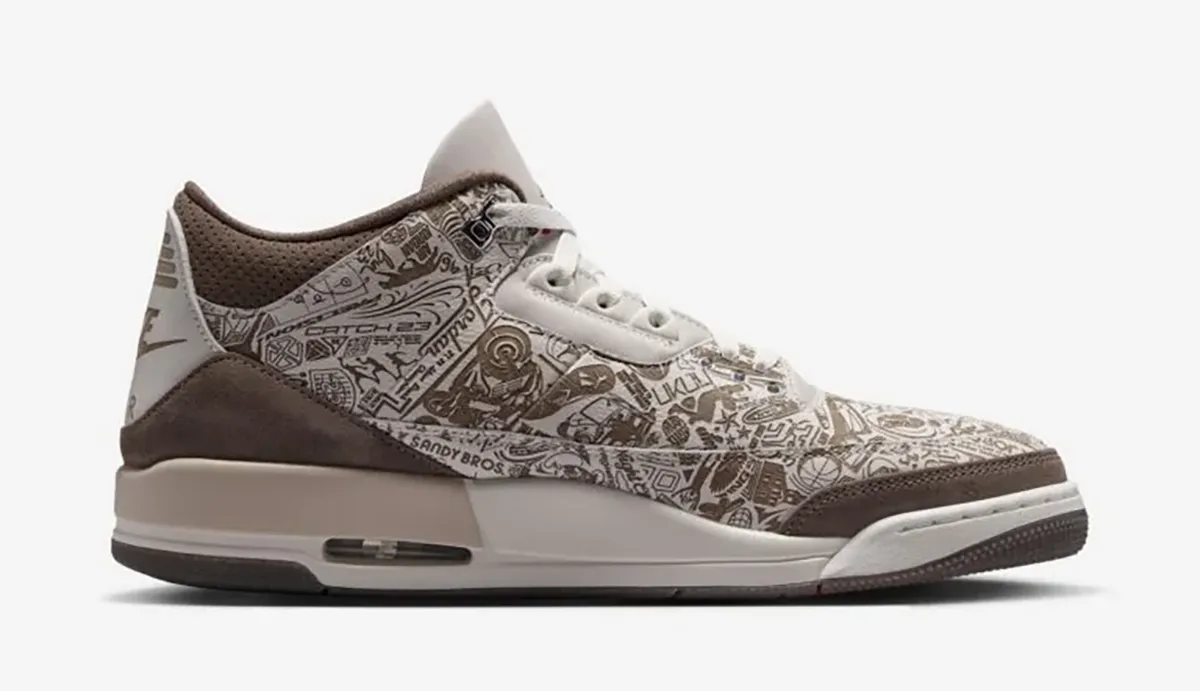 Air Jordan 3 Laser in Phantom, Palomino and University Red shown from the medial side.
