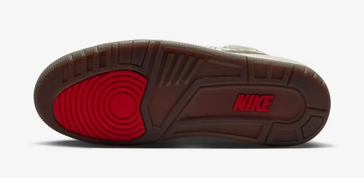 Air Jordan 3 Laser Phantom and Palomino outsole with University Red Nike branding.