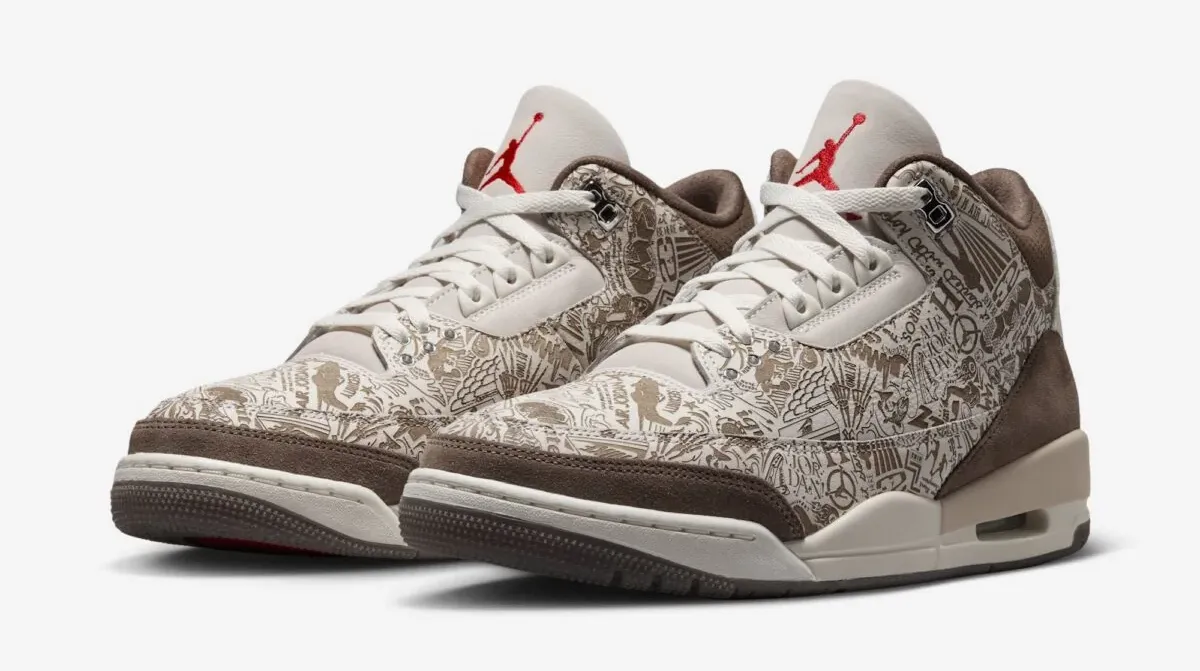 Pair of Air Jordan 3 Laser sneakers in Phantom, Palomino and University Red.