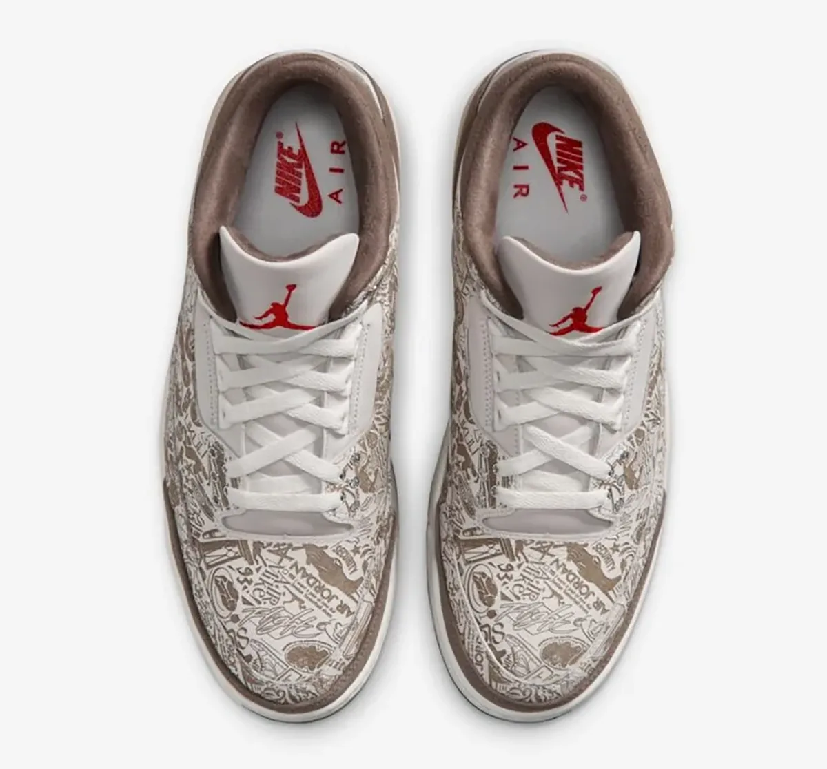 Top view of the Air Jordan 3 Laser in Phantom and Palomino with University Red Jumpman logos.