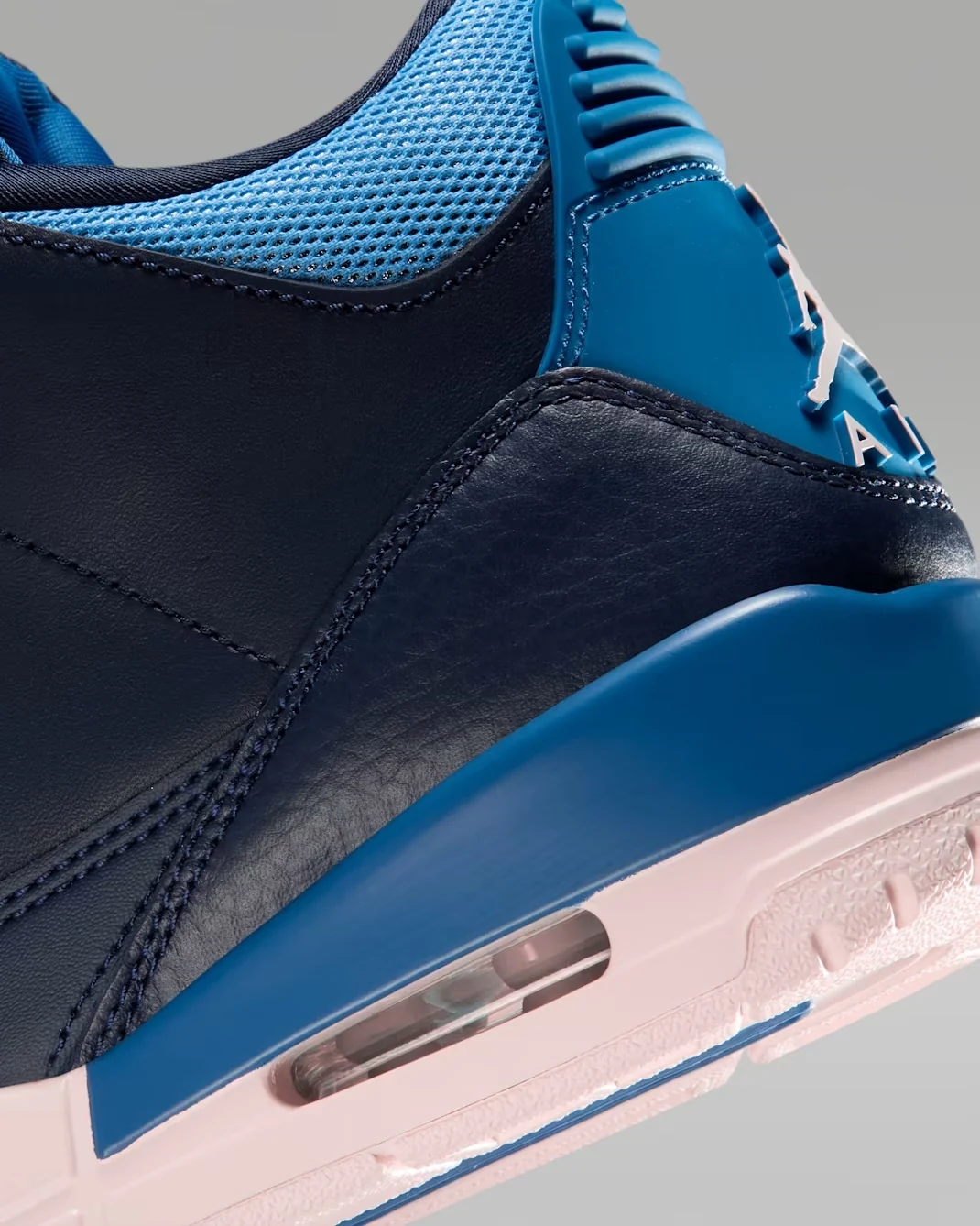 Close-up of the Air Jordan 3 Sport Renaissance Obsidian upper, Blue Beyond midsole and visible Air unit.