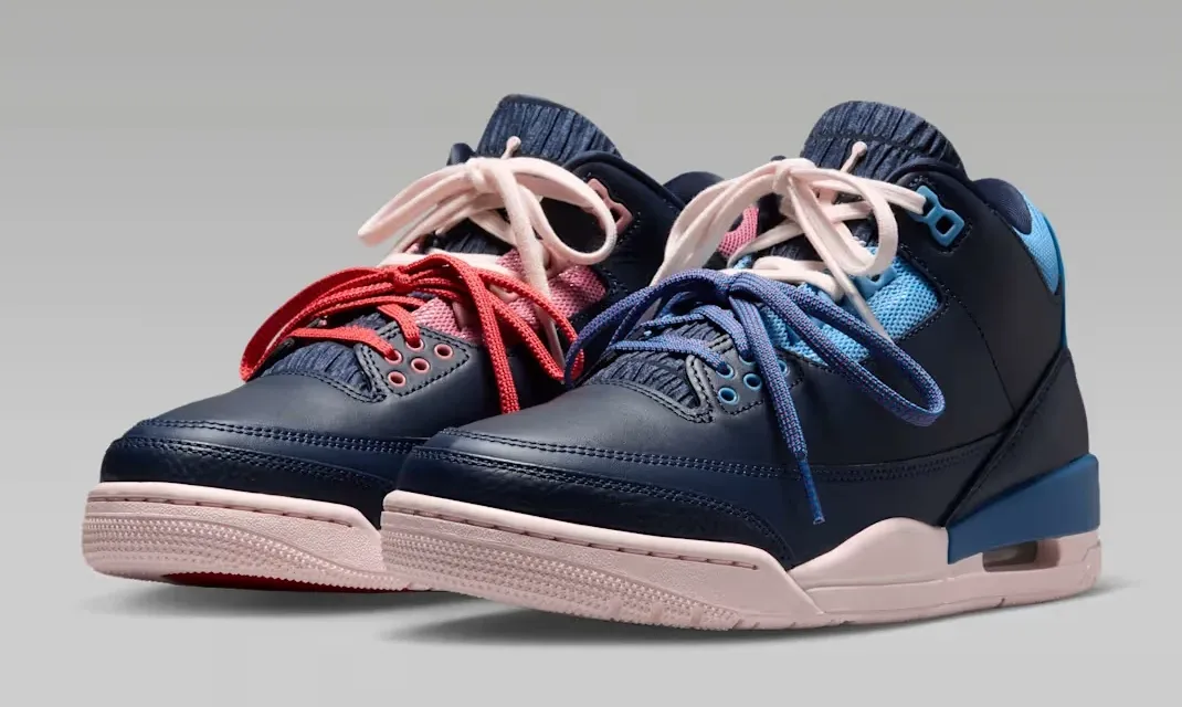 Air Jordan 3 Sport Renaissance pair with Track Red and Blue Beyond accents shown from the front.