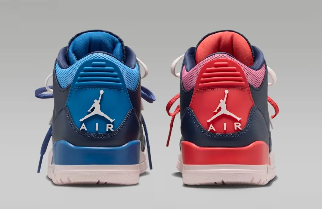 Air Jordan 3 Sport Renaissance heels with contrasting Track Red and Blue Beyond Nike Air branding.