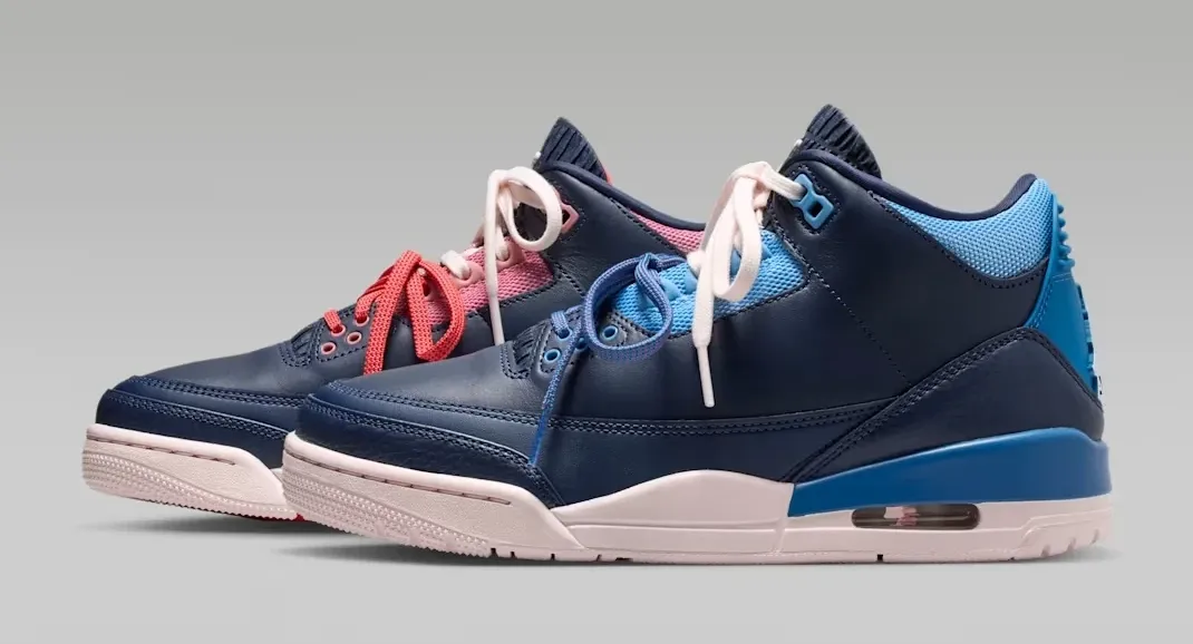 Air Jordan 3 Sport Renaissance pair in Obsidian with Track Red, Blue Beyond and Chalk accents.