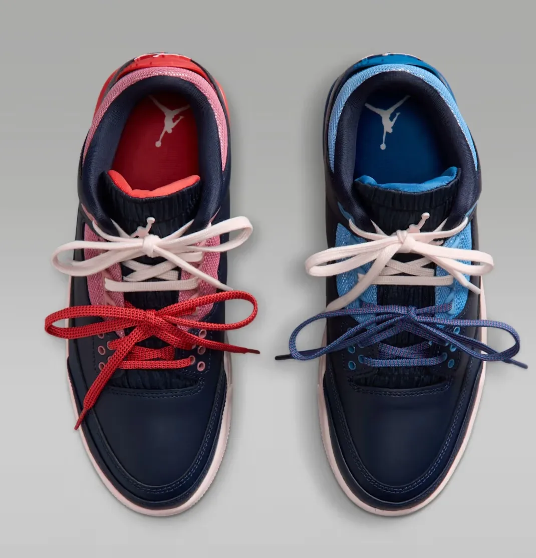 Air Jordan 3 Sport Renaissance pair in Obsidian with Track Red and Blue Beyond accents from above.